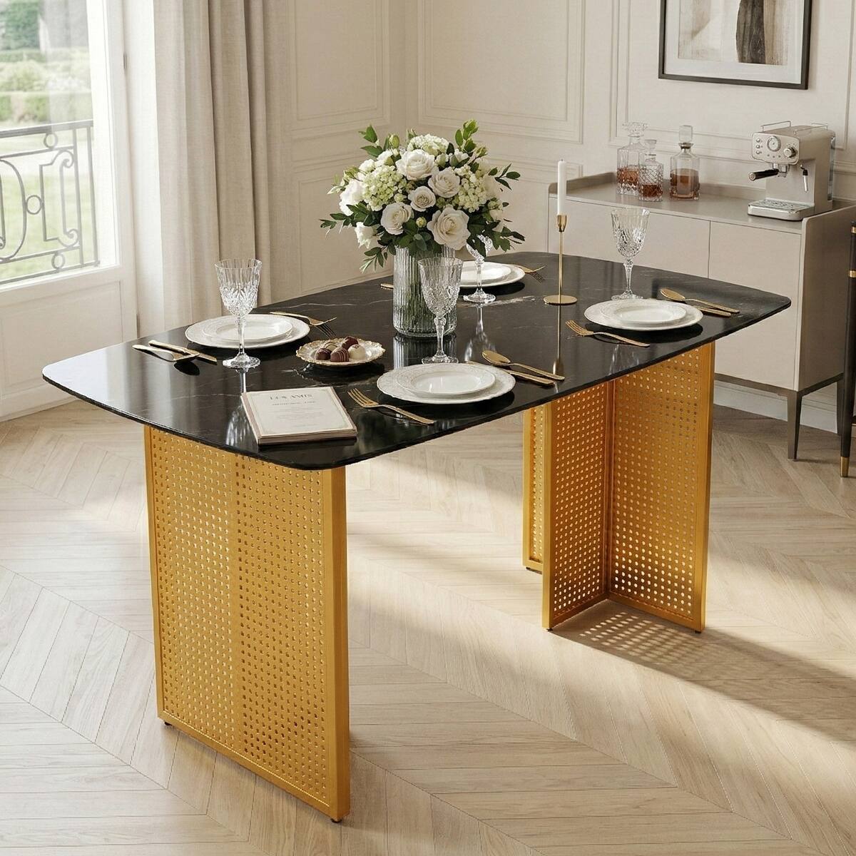Loheer Rectangular Tempered Glass Dining Table for 6 with Marble ...