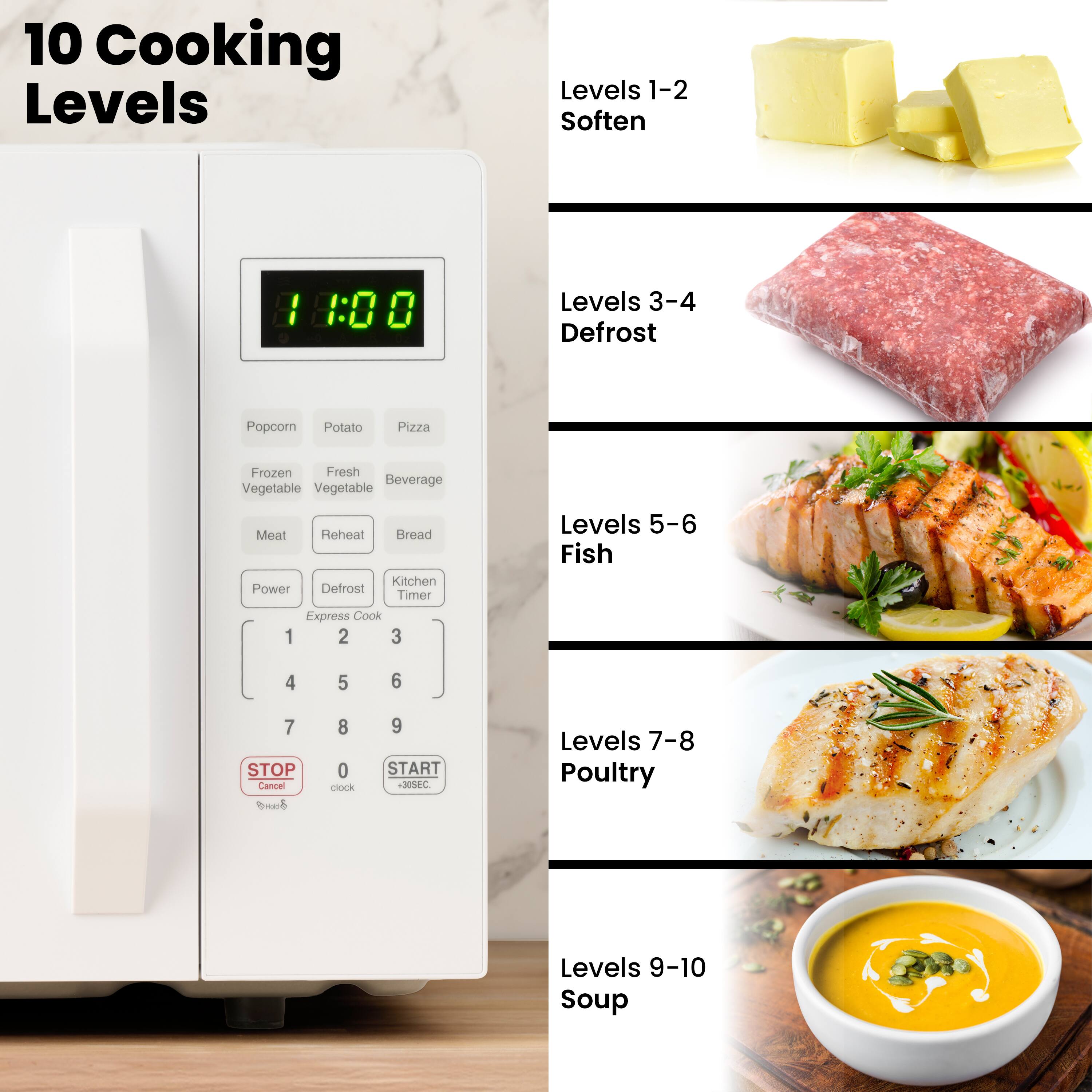 10 Cooking Levels

Levels 1-2 Soften

Levels 3-4 Defrost

Levels 5-6 Fish

Levels 7-8 Poultry

Levels 9-10 Soup

Popcorn Potato Pizza
Frozen Fresh Beverage
Vegetable Vegetable
Meat Reheat Bread

Power Defrost Kitchen Timer
Express Cook

1 2 3
4 5 6
7 8 9
0

STOP Cancel clock
START 30SEC.