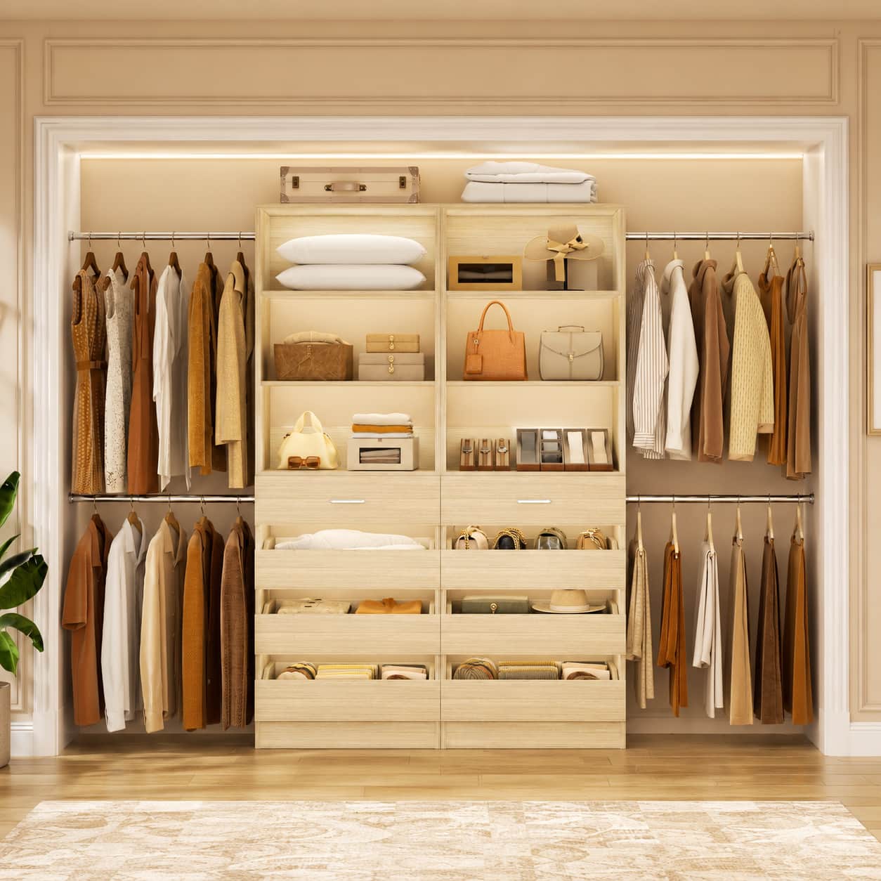 Aheaplus - 2-Piece 4-9Ft Wood Closet Organizer with 4 Drawers, 8 Hanging Rods & Open Shelves - White Oak price history on PriceWatchPro