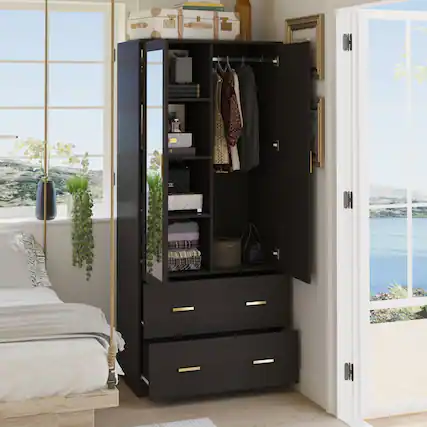 Front. FUFU&GAGA - Wardrobe Closet with Mirror Small Armoire Storage Cabinet with Hanging Rod Shelves and Drawers for Bedroom - Black.
