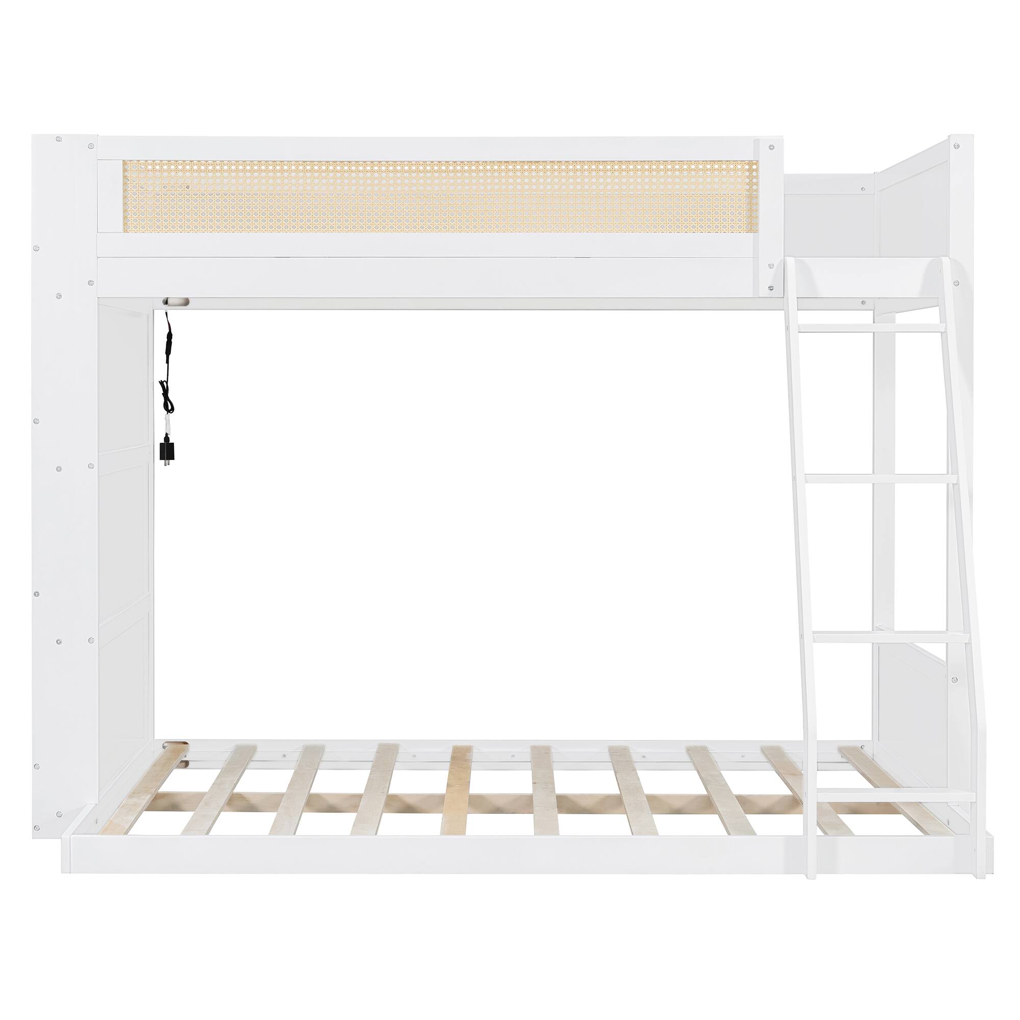 Back. Whisen - Twin over Full Bunk Bed with Integrated Bookshelf,LED Lighting and Rattan-Style Guardrails - White.