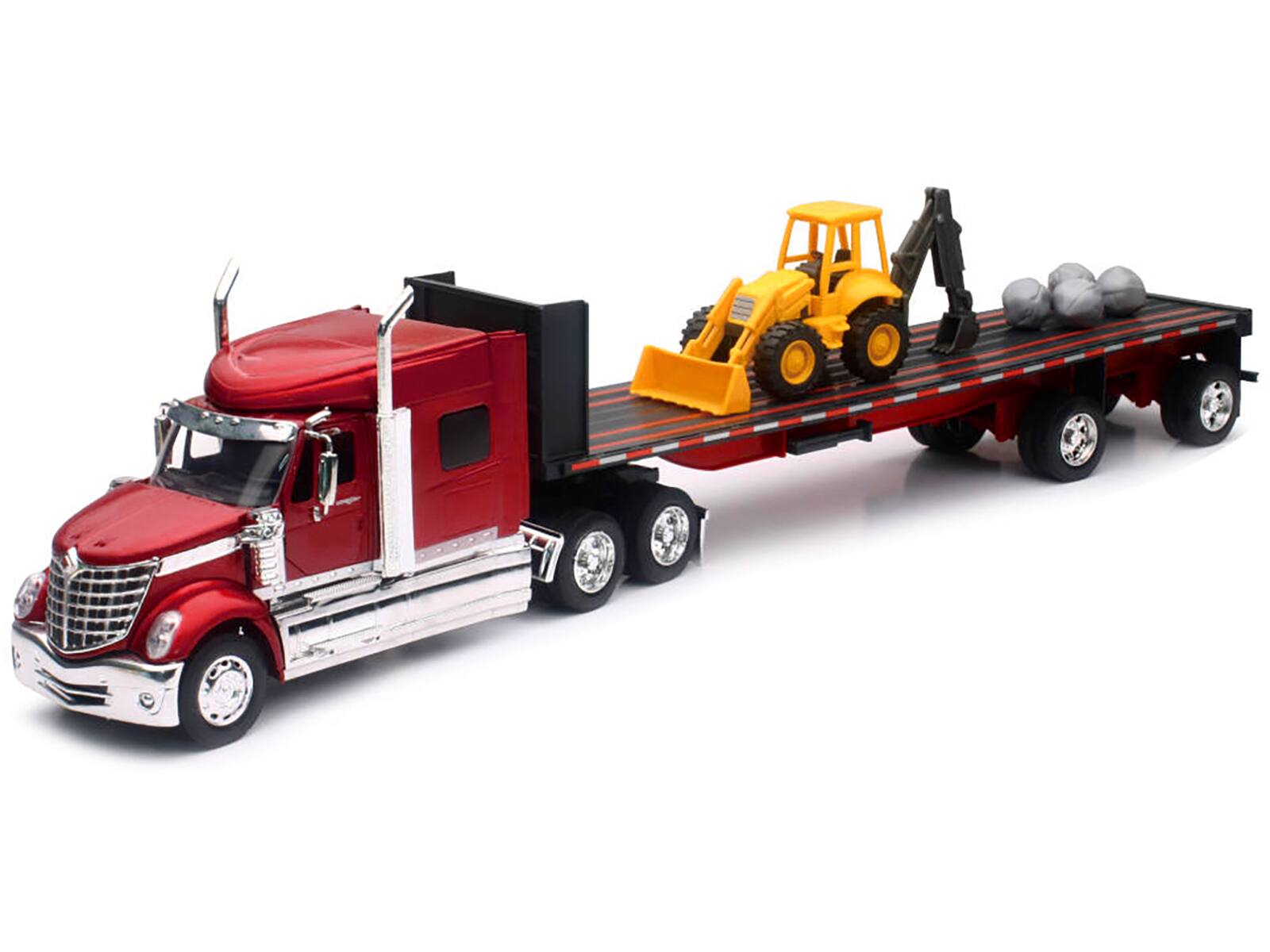 Alt View 1. New Ray - International Lonestar Truck with Flatbed Trailer Red Metallic with Front Loader and Rocks 1/32 Diecast Model by New Ray.