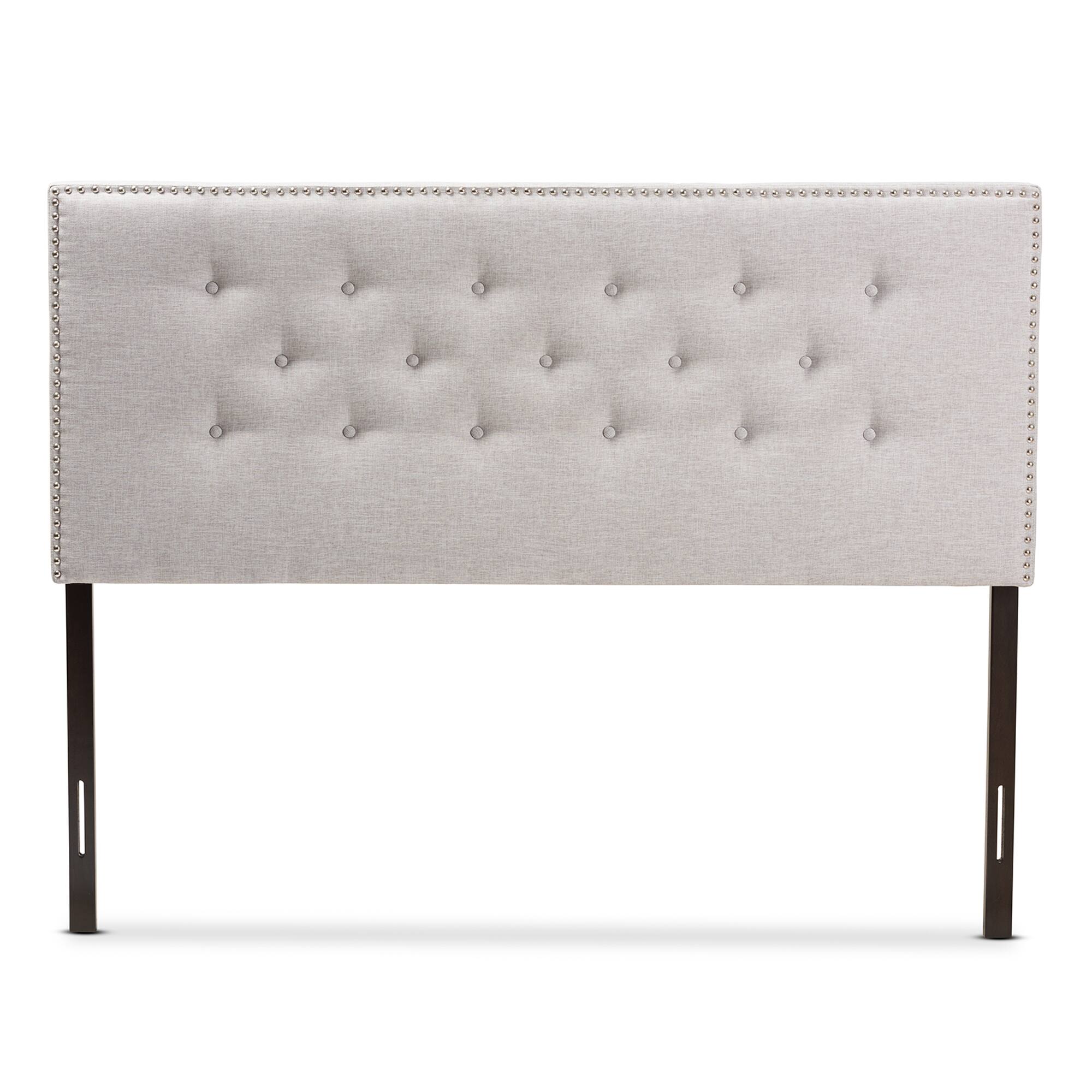 Angle. Baxton Studio - Windsor Modern and Contemporary Fabric Upholstered Full Size Headboard - Greyish Beige.