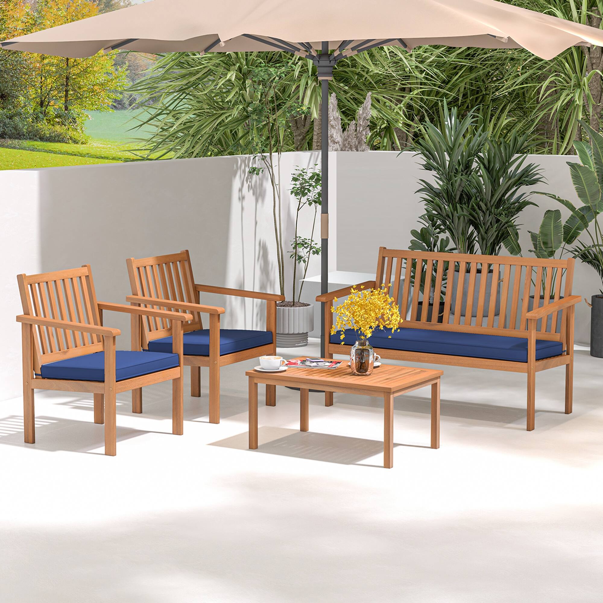 Alt View 1. Costway - 4 PCS Patio Wood Furniture Set with Loveseat, 2 Chairs & Coffee Table for Porch - Natural + Navy.