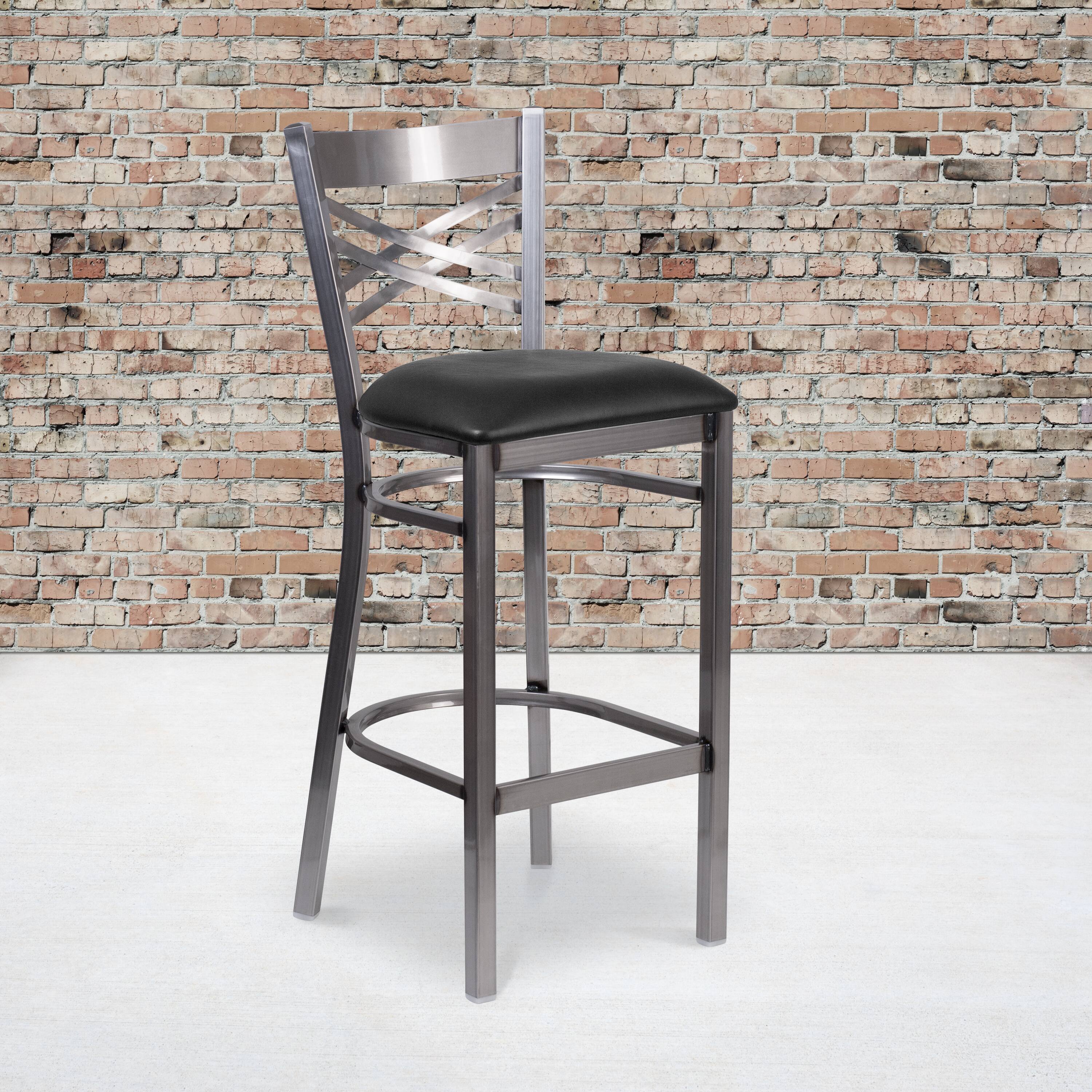Alt View 2. Emma + Oliver - 2 Pack Clear Coated "X" Back Metal Restaurant Barstool - Black Vinyl Seat/Clear Coated Metal Frame.