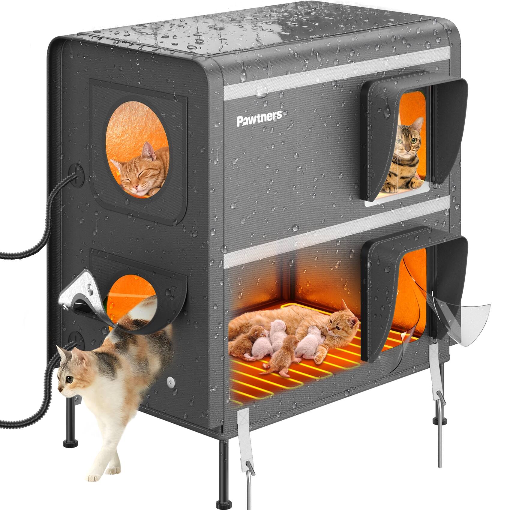 Alt View 4. Pawtners - 2-Story Heated Outdoor Cat House, XXL Insulated Weatherproof Cat Shelter with Heated Pad for Cats in Winter - Grey.