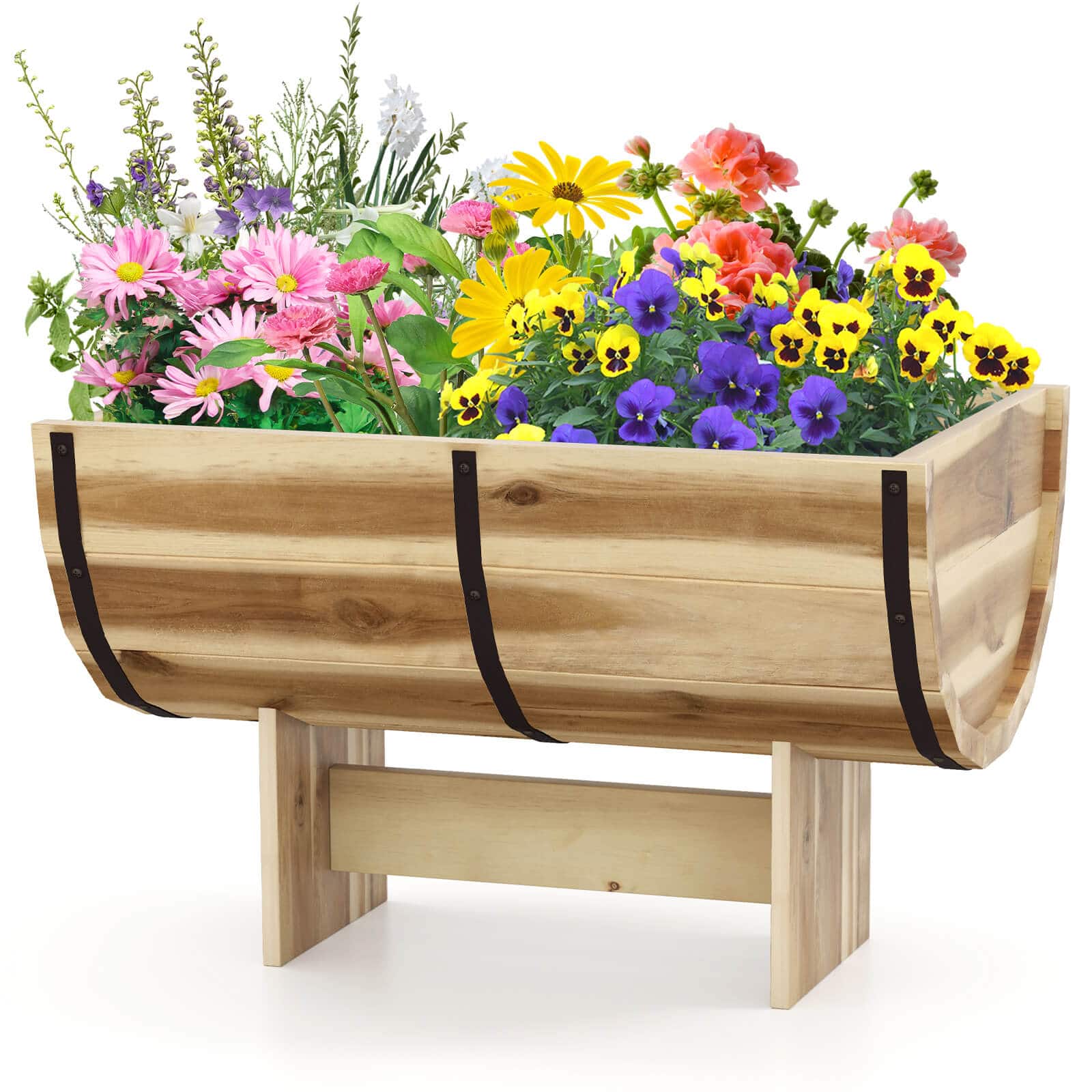 Front. Costway - Costway 1 PCS Outdoor Wooden Planter Solid Acacia Wood Half-Barrel Planter Box with Legs - Natural.