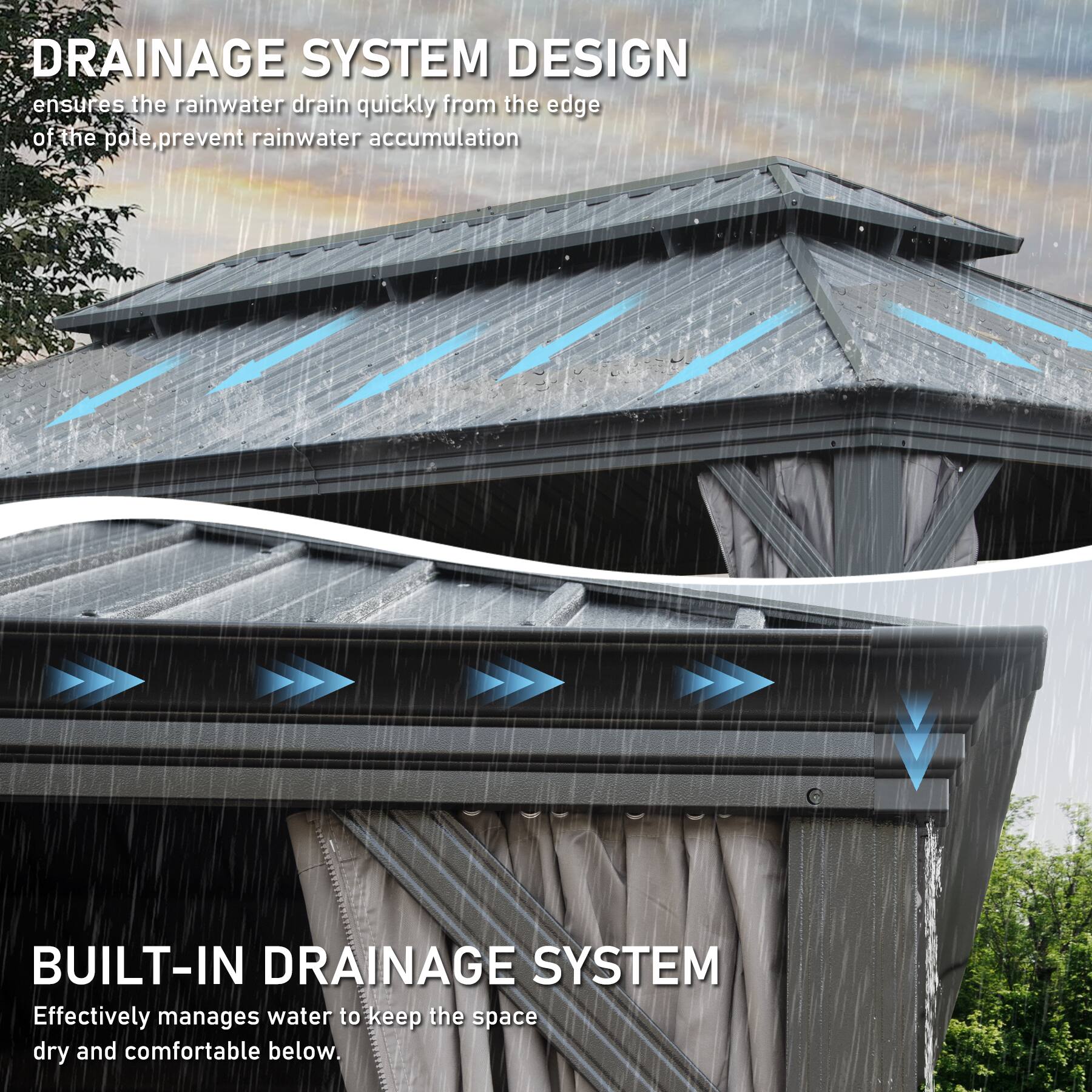 DRAINAGE SYSTEM DESIGN ensures the rainwater drains quickly from the edge of the pole, preventing rainwater accumulation.  
BUILT-IN DRAINAGE SYSTEM Effectively manages water to keep the space dry and comfortable below.
