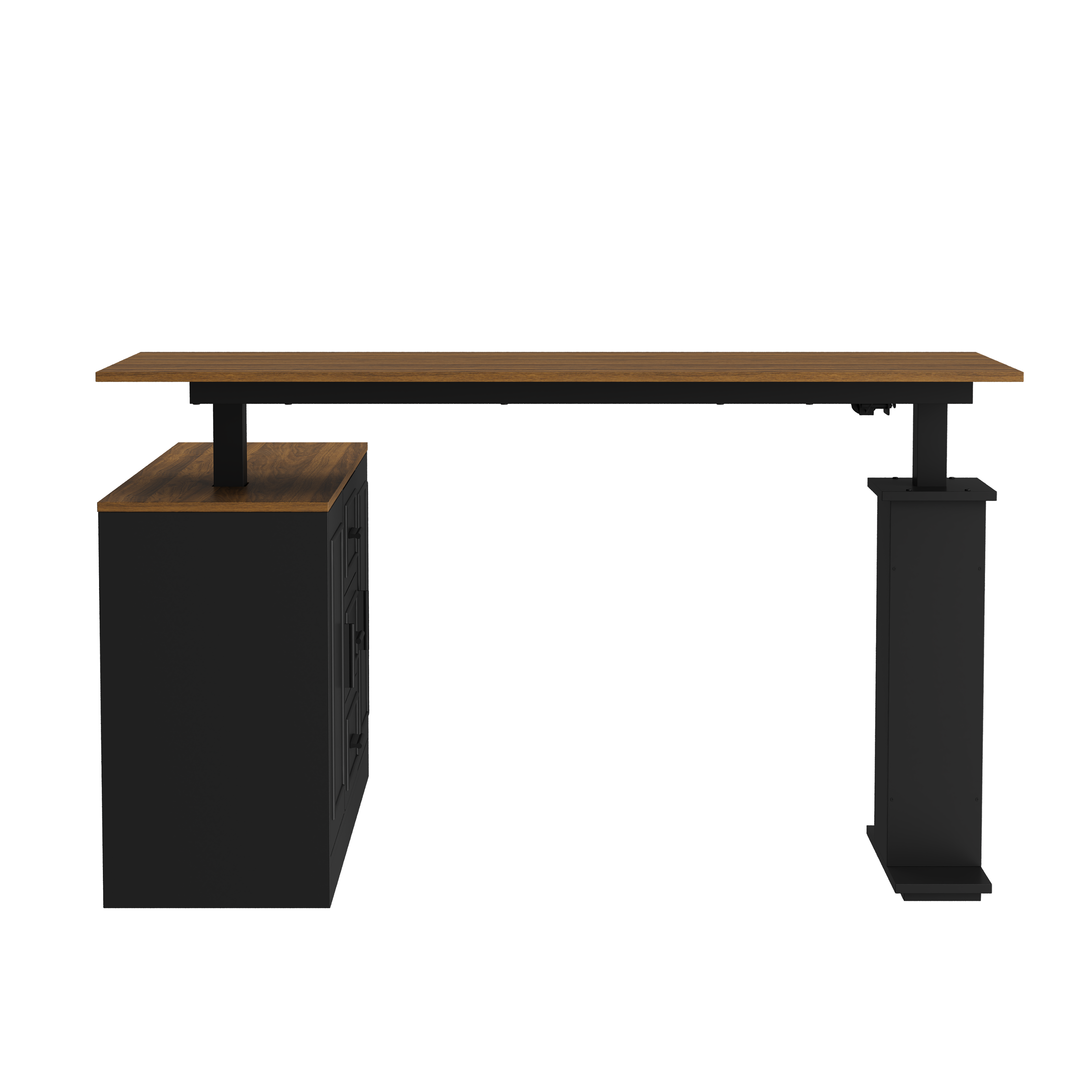 Back. Famapy - Electric Standing Desk with Storage Cabinet, 55.1" Adjustable Height Workstation, 150 LBS Capacity, Rustic Industrial - Walnut & Black.