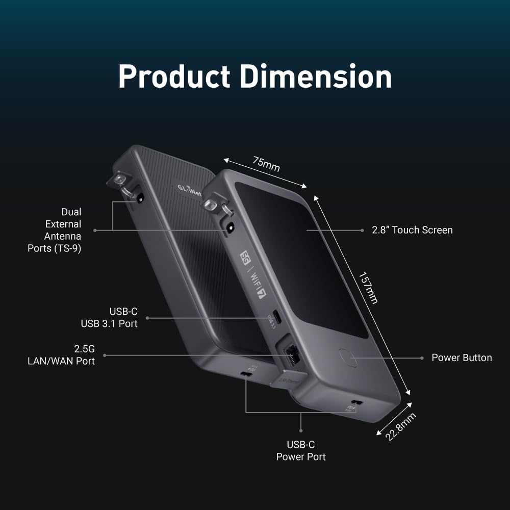 Product Dimension

- Dual External Antenna Ports (TS-9)
- USB-C USB 3.1 Port
- 2.5G LAN/WAN Port
- 75mm
- 5G WIFI
- 2.8" Touch Screen
- 157mm
- Power Button
- USB-C Power Port
- 22.8mm