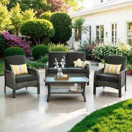 Ovios - 4 PCS Patio Furniture Set, Outdoor Wicker Sofa with Armchairs & Coffee Table for Garden - Black