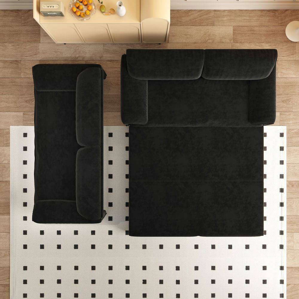 Alt View 4. Kadyn - 66" Queen Pull Out Sofa Bed, 3-in-1 Convertible Sleeper with Side Storage, Velvet Loveseat - Black.