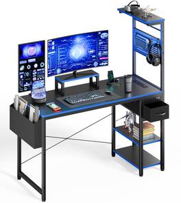 Koligey - 47 Inch Gaming Desk, Computer Desk with Adjustable Storage Rack & LED Blue Lights, PC Gaming Desk with Mini DIY Pegboard - Black