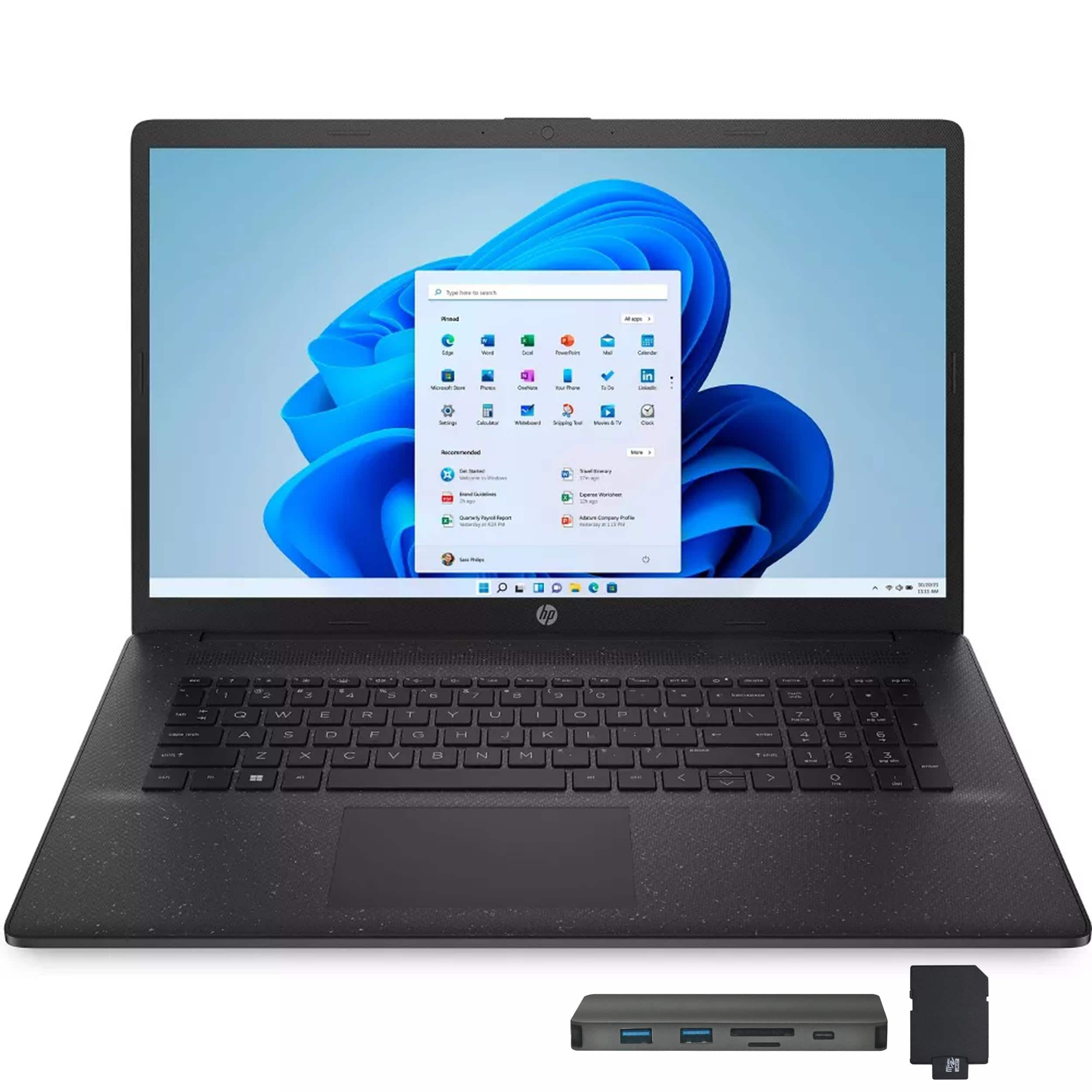 Front. HP - HP 17.3" HD+ Laptop,Intel i7-1255U,32GB RAM,1TB SSD+288GB Dock Set,‎Intel Iris Xe Graphics,Win 11 Pro,Black - Black.