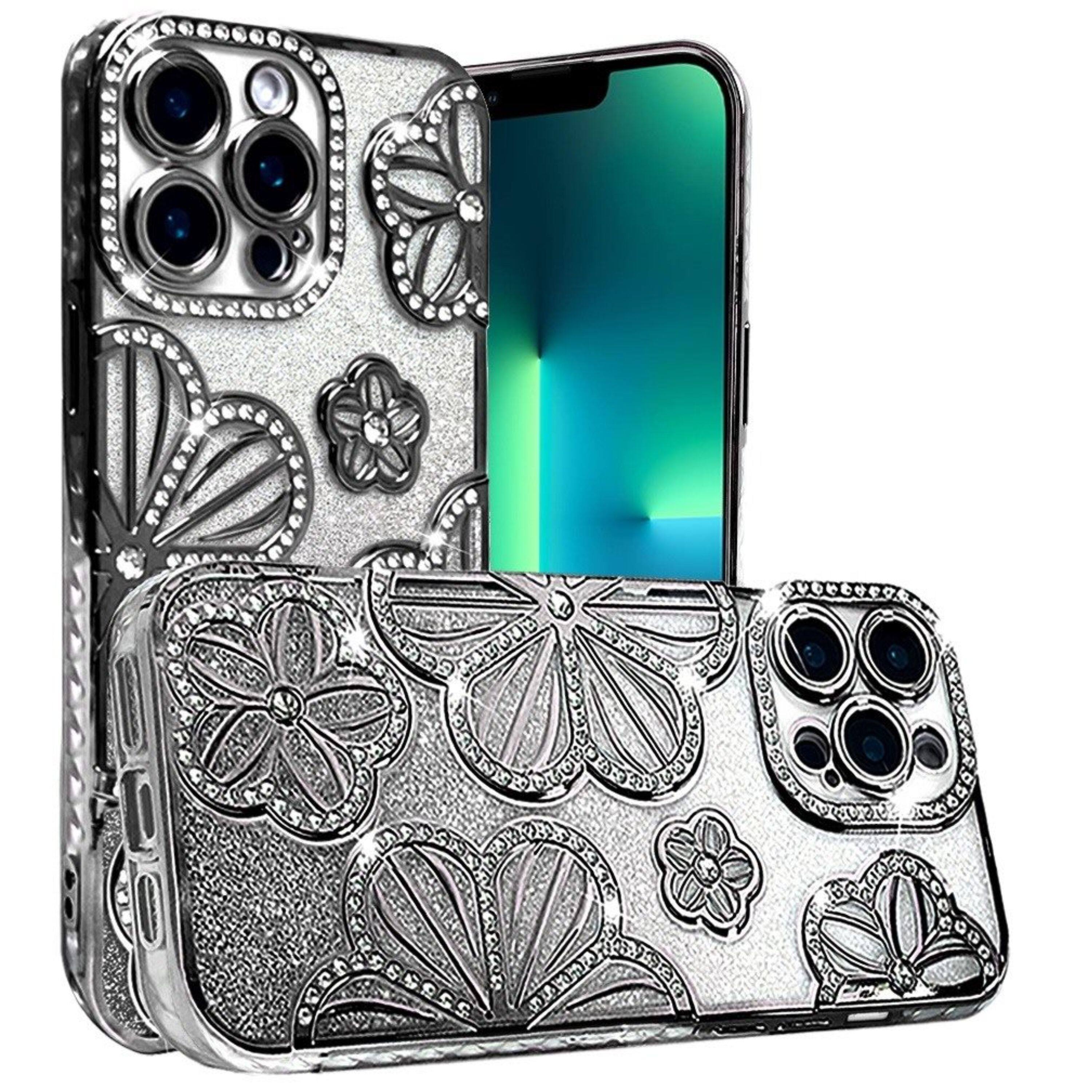 Angle. Kitcheniva - Bling Floral Case With 3D Rhinestone Glitter Cover For iPhone 13 Pro Max Black - Black.