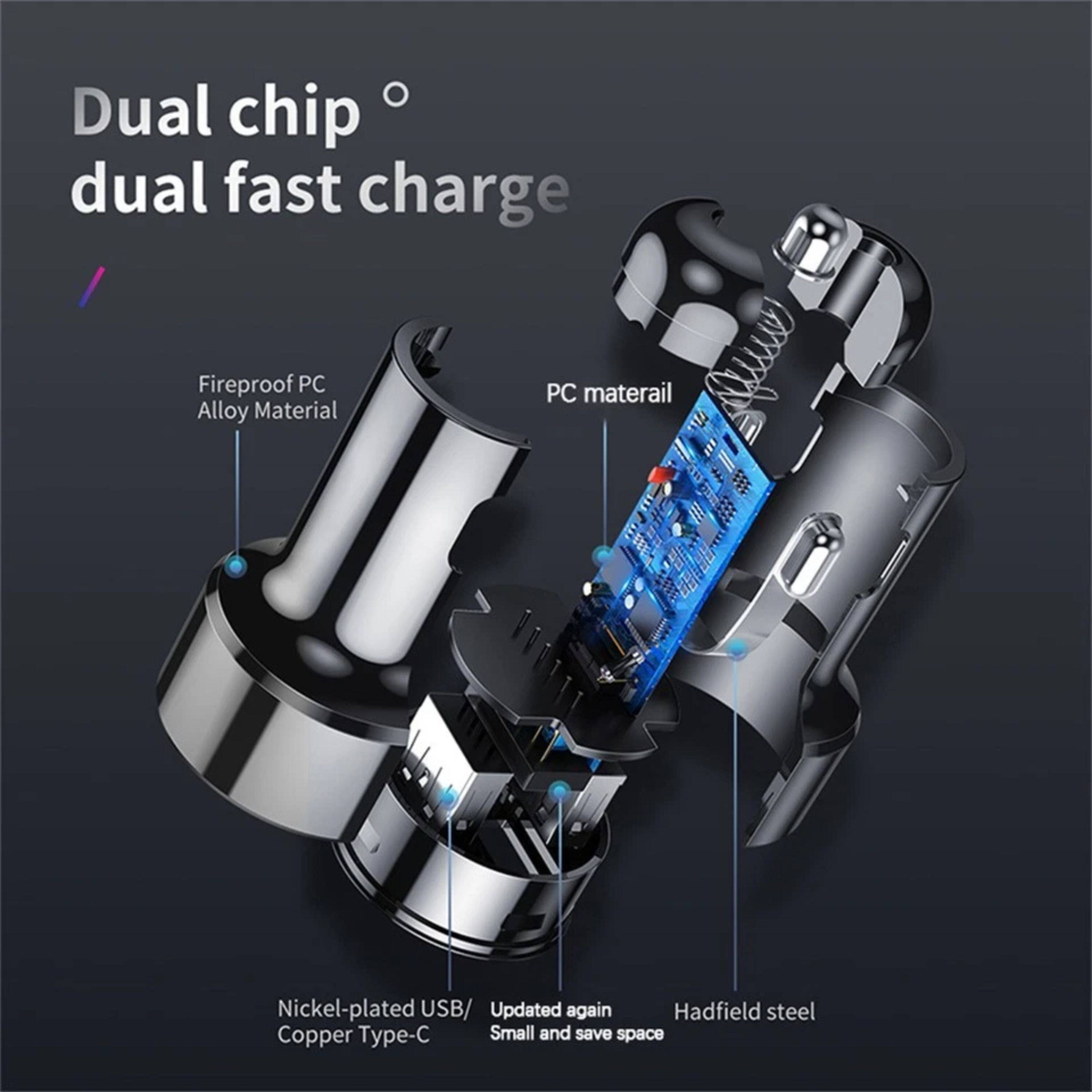 Dual chip dual fast charge  
Fireproof PC Alloy Material  
PC material  
Nickel-plated USB/ Copper Type-C  
Updated again  
Hadfield steel  
Small and save space
