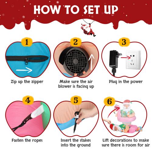 Sure, here is the corrected and grouped text:

---

**HOW TO SET UP**

1. Zip up the zipper
2. Make sure the air blower is facing up
3. Plug in the power
4. Fasten the ropes
5. Insert the stakes into the ground
6. Lift decorations to make sure there is room for air

---