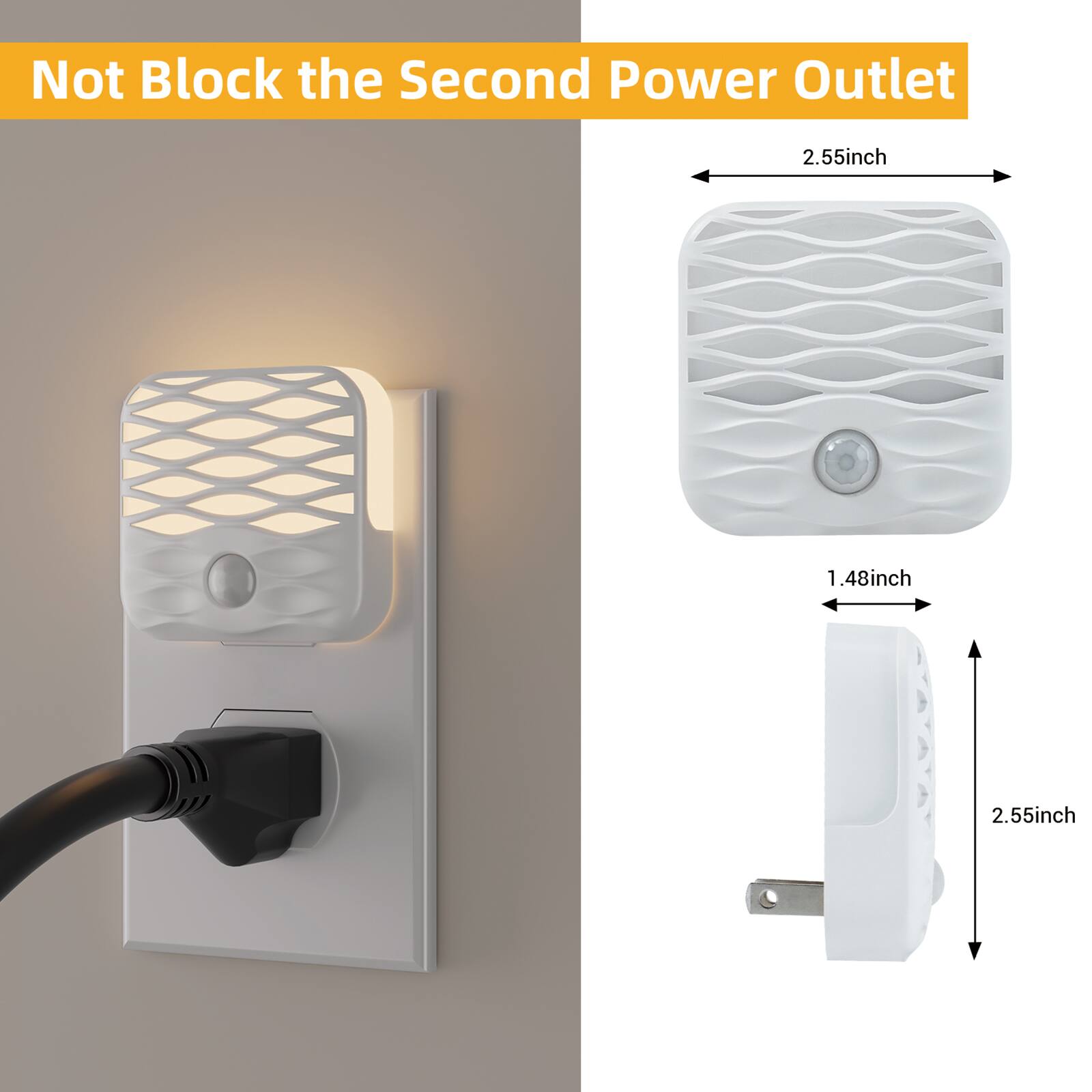Not Block the Second Power Outlet

2.55inch

1.48inch

2.55inch