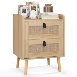 Costway - Modern Nightstand End Bedside Table with 2 Rattan Drawers & Solid Wood Legs - Natural