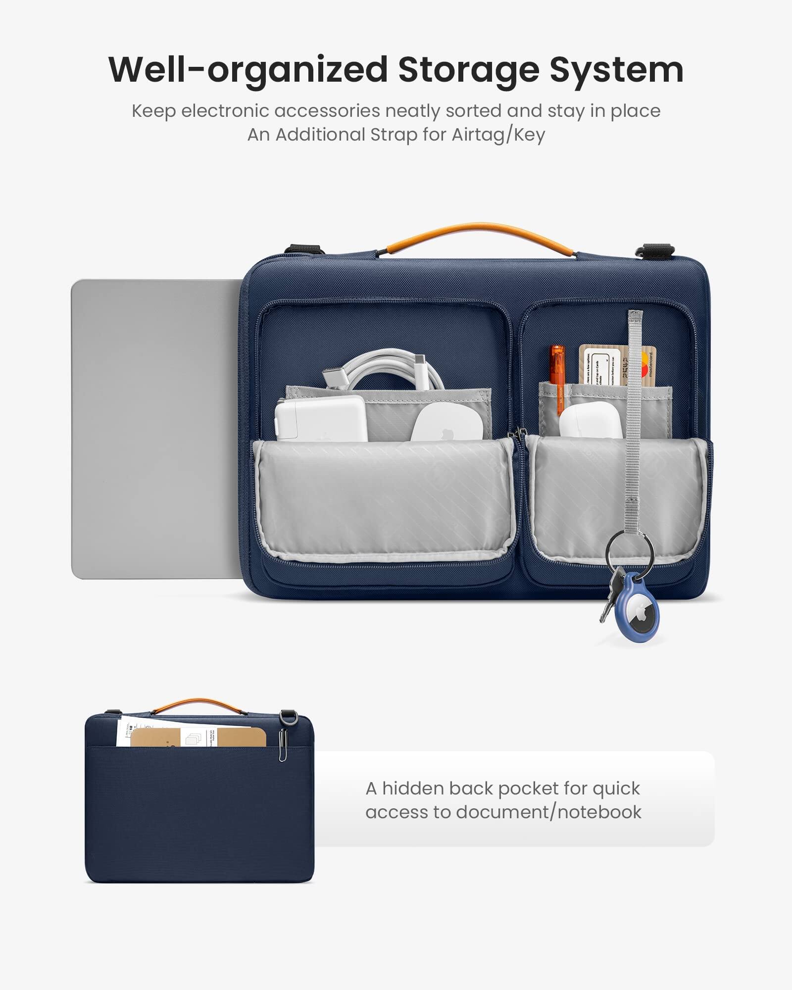 Well-organized Storage System  
Keep electronic accessories neatly sorted and stay in place  
An Additional Strap for AirTag/Key  

A hidden back pocket for quick access to document/notebook