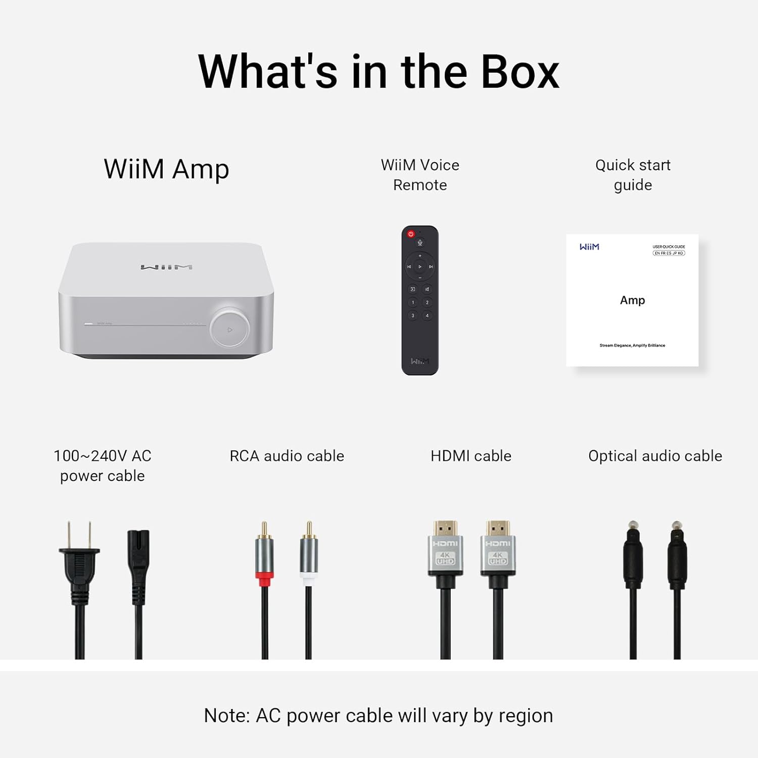 What's in the Box

- WiiM Amp
- WiiM Voice Remote
- Quick start guide

Cables:
- 100~240V AC power cable
- RCA audio cable
- HDMI cable
- Optical audio cable

Note: AC power cable will vary by region