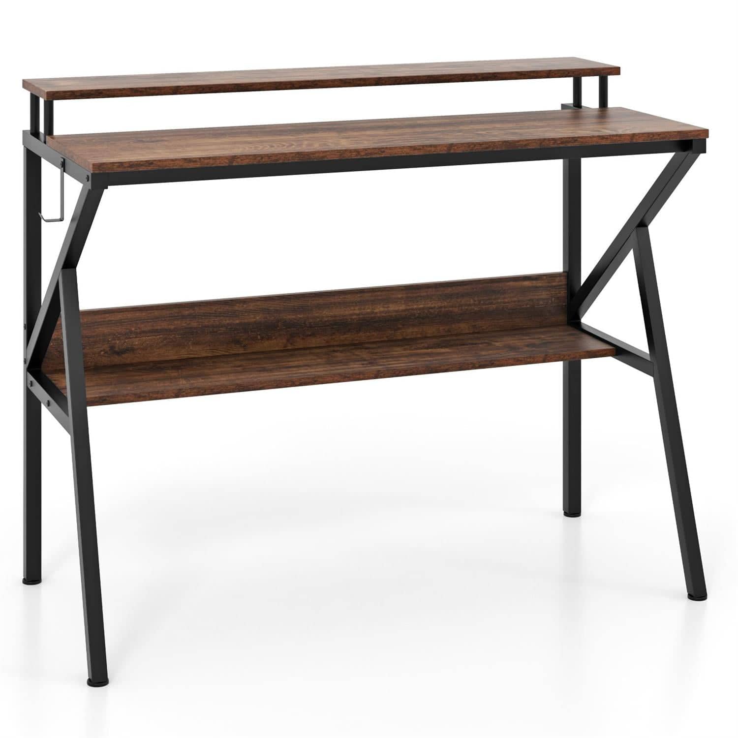 Pefilos - Space-Saving Computer Desk - Elevated Monitor Stand R-Shaped Frame, Extra Storage Shelf, Work Study, Rustic - Brown