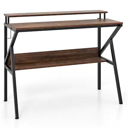 Front. Pefilos - Space-Saving Computer Desk - Elevated Monitor Stand R-Shaped Frame, Extra Storage Shelf, Work Study, Rustic Brown - Brown.