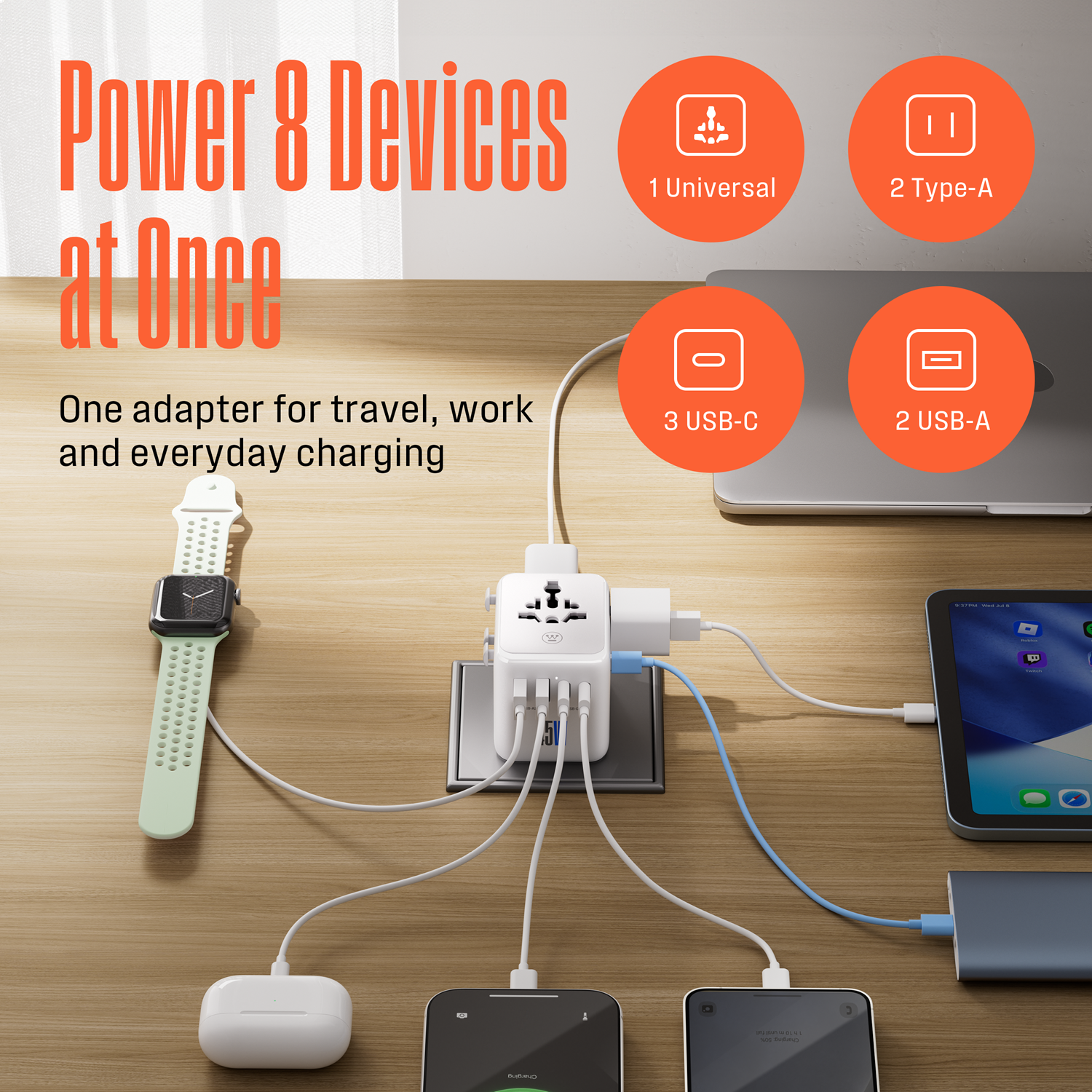 Power 8 Devices at Once

One adapter for travel, work and everyday charging

1 Universal
2 Type-A
3 USB-C
2 USB-A

www.com/Creddia.net