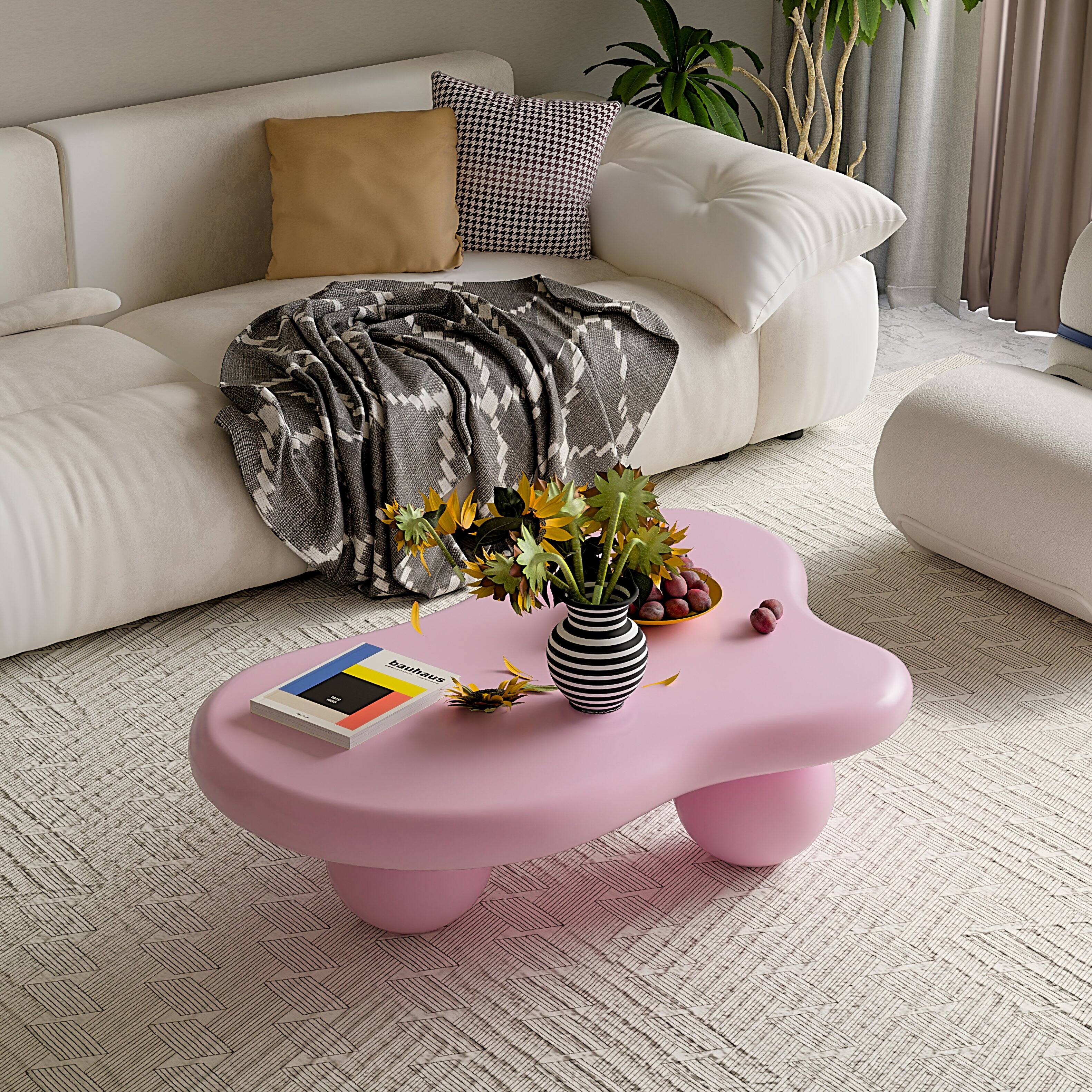 Left. Loheer - Loheer 47 Inch Cloud Shaped Coffee Table Pink Low Profile Center Table with Ball Legs for Living Room - Pink.