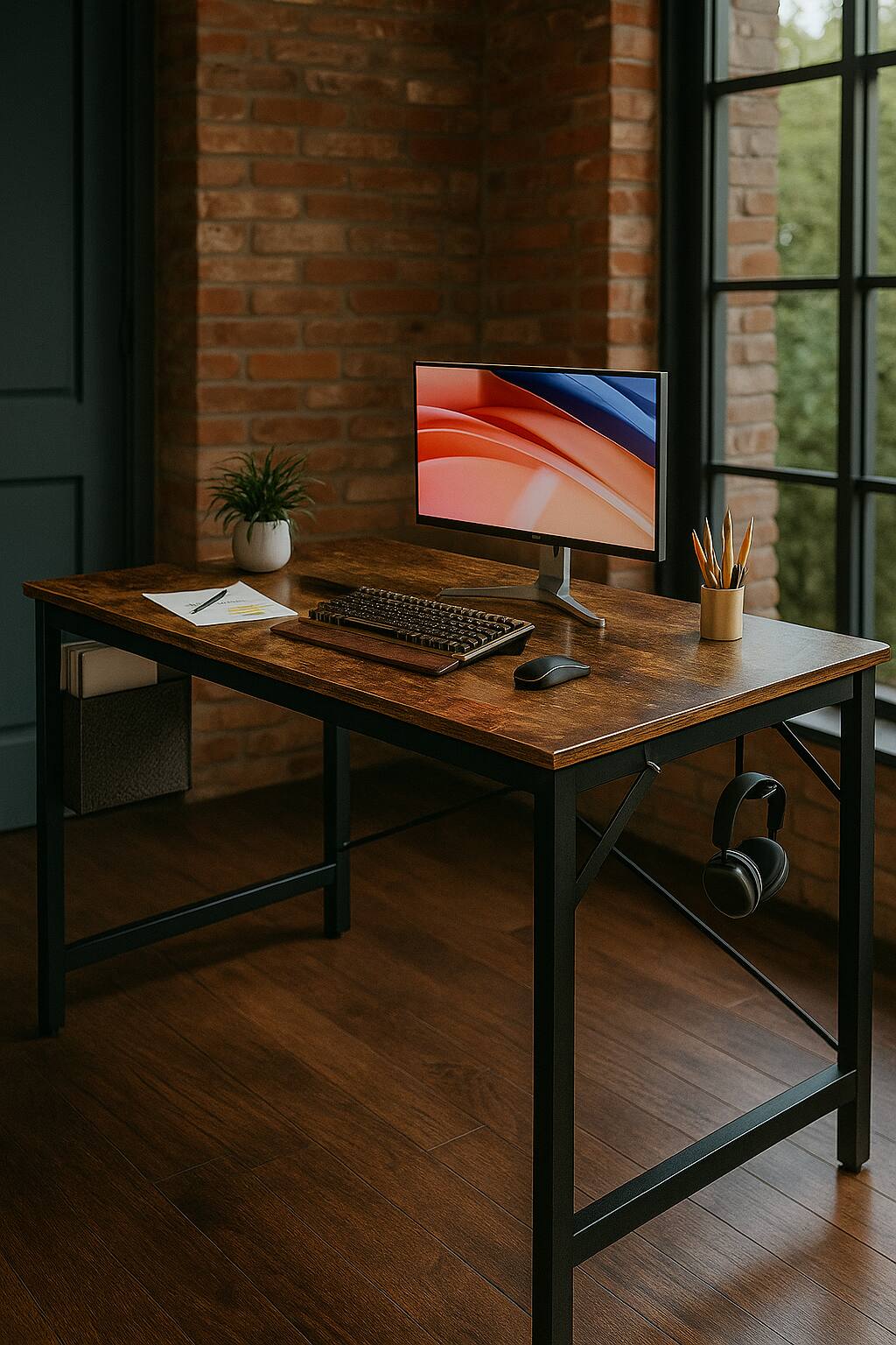 Front. Zell Electronics - 40" Brown Student & Work Desk with Side Pouch & Headset Hook – Sleek Design for Study or Office Use - Brown.