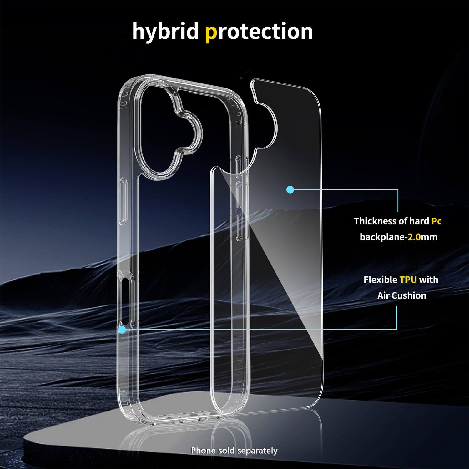 hybrid protection

Thickness of hard Pc backplane-2.0mm

Flexible TPU with Air Cushion

Phone sold separately