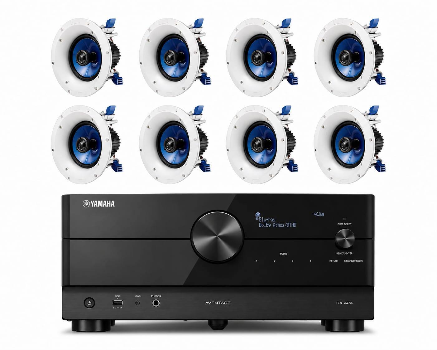 YAMAHA Blu-ray Dolby Atmos/DTHD -40.0 PUNE Tten BCENE SELECTIENTEN . 1 . 4 RETLE MENU EO - - PNES wEM - AVENTAGE X-ARA
