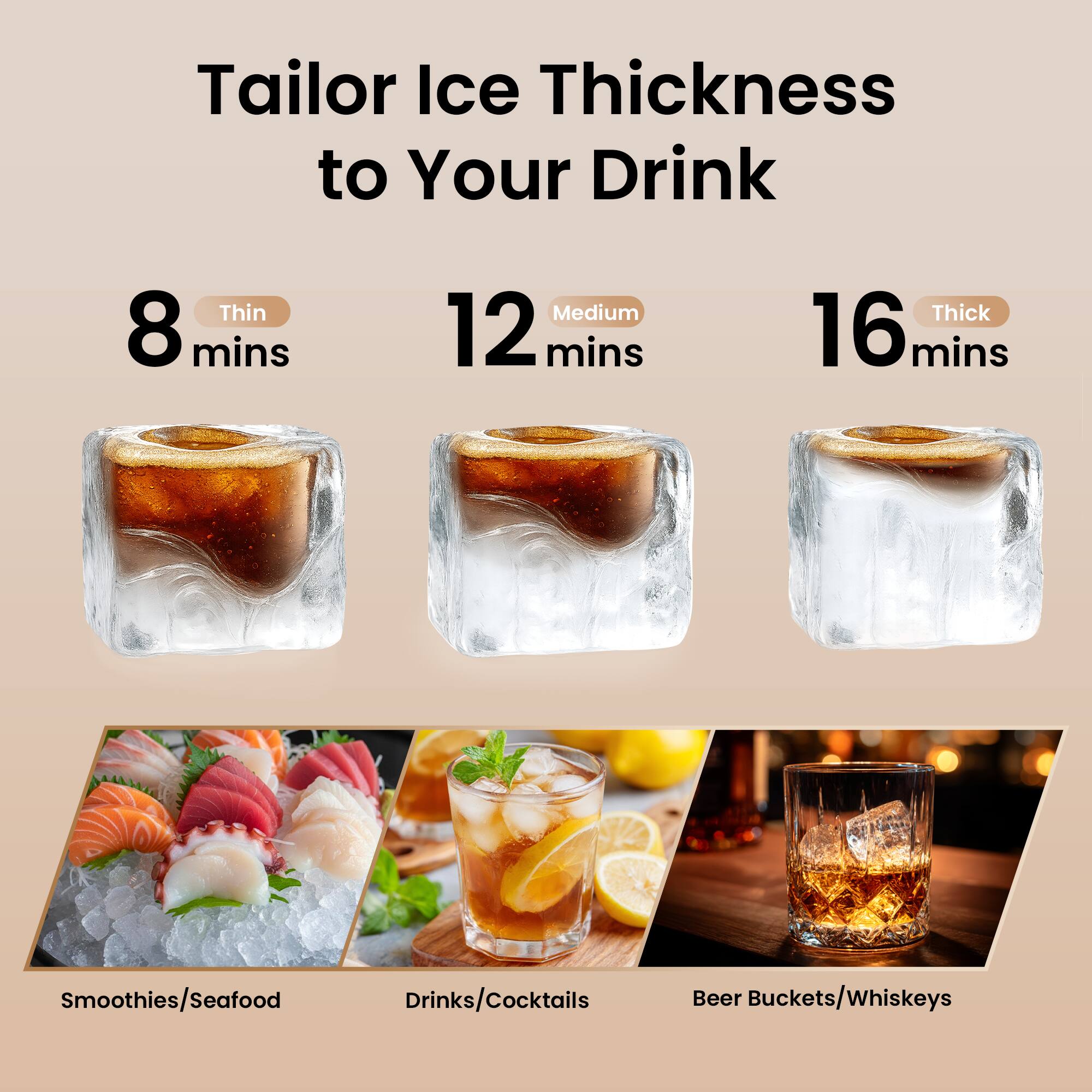 Tailor Ice Thickness to Your Drink

8 mins - Thin  
12 mins - Medium  
16 mins - Thick  

Smoothies/Seafood  
Drinks/Cocktails  
Beer Buckets/Whiskeys