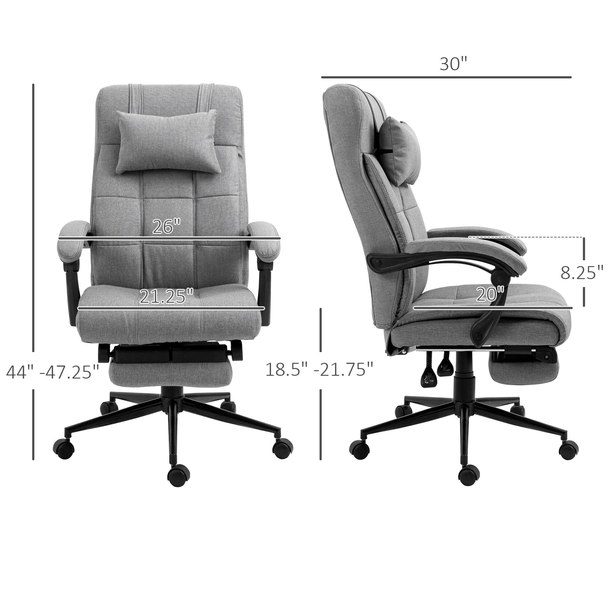- Width: 30"
- Depth: 26"
- Seat Height: 21.25"
- Back Height: 44" - 47.25"
- Armrest Height: 20"
- Armrest Width: 8.25"
- Seat Depth: 18.5" - 21.75"