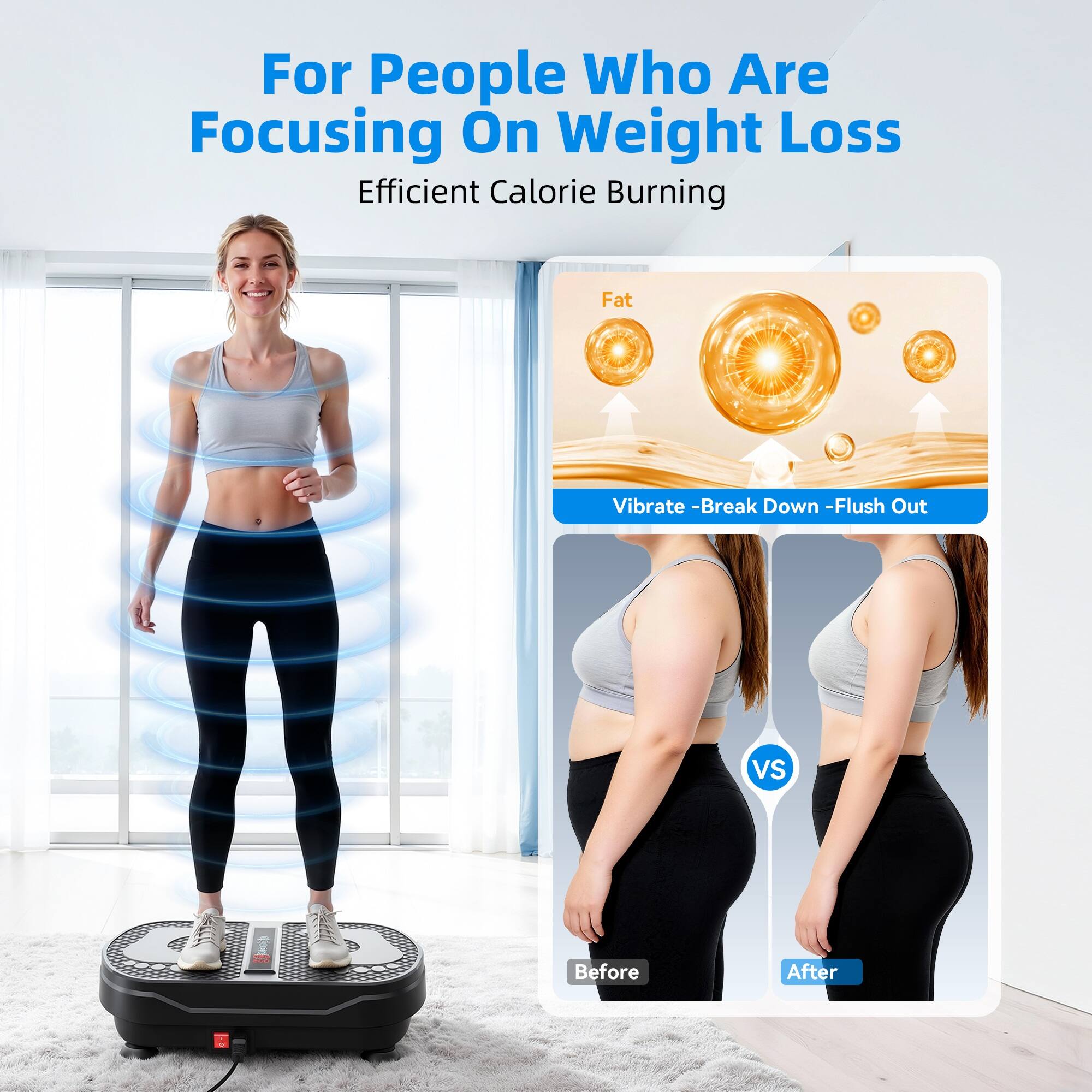For People Who Are Focusing On Weight Loss  
Efficient Calorie Burning  

Fat  
Vibrate - Break Down - Flush Out  

Before  
After