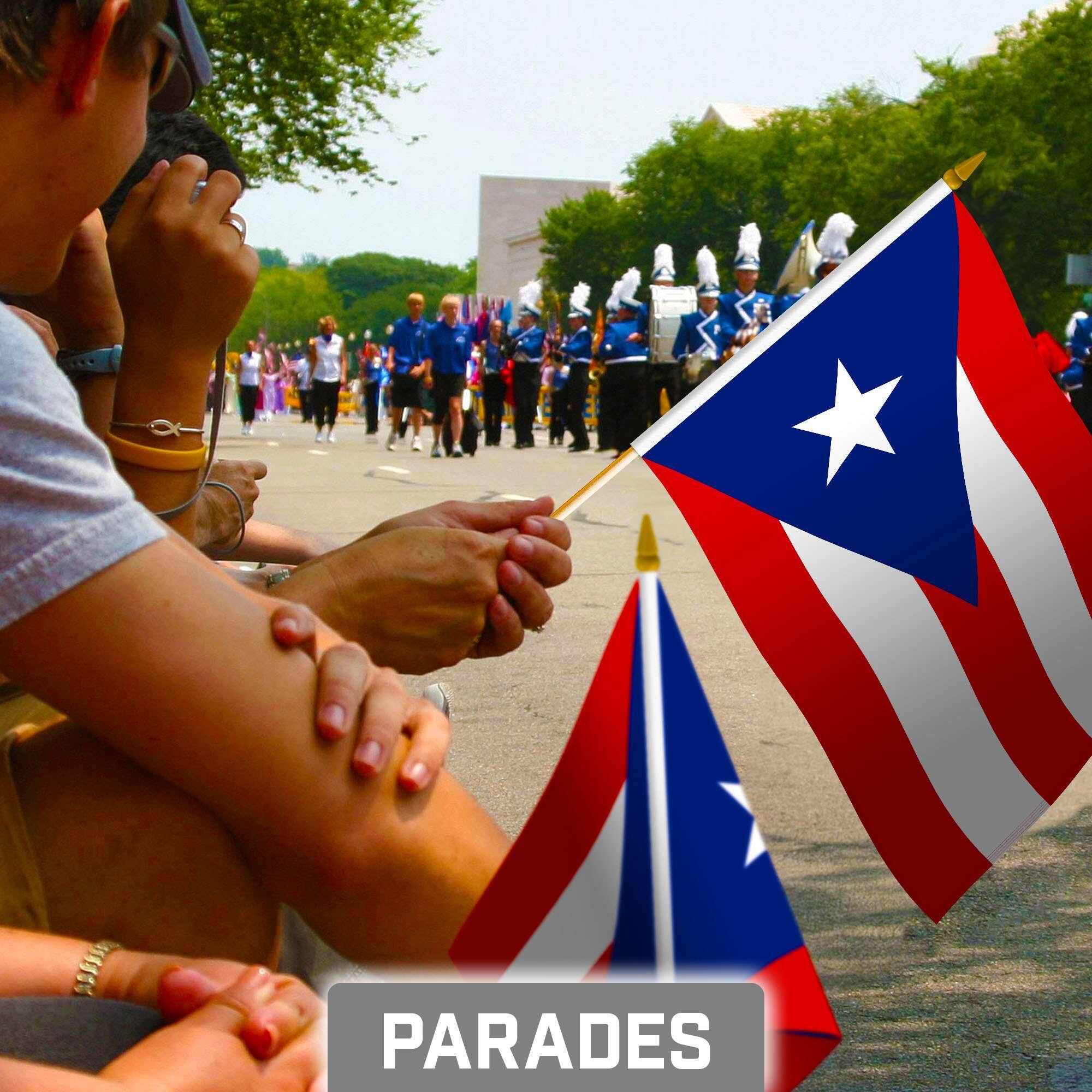 Alt View 1. G128 - 12-Pack Handheld Puerto Rico Flags, 8" x 12", 150D Polyester, Wooden Stick with Gold Spear Tip. - Red, White, Blue.