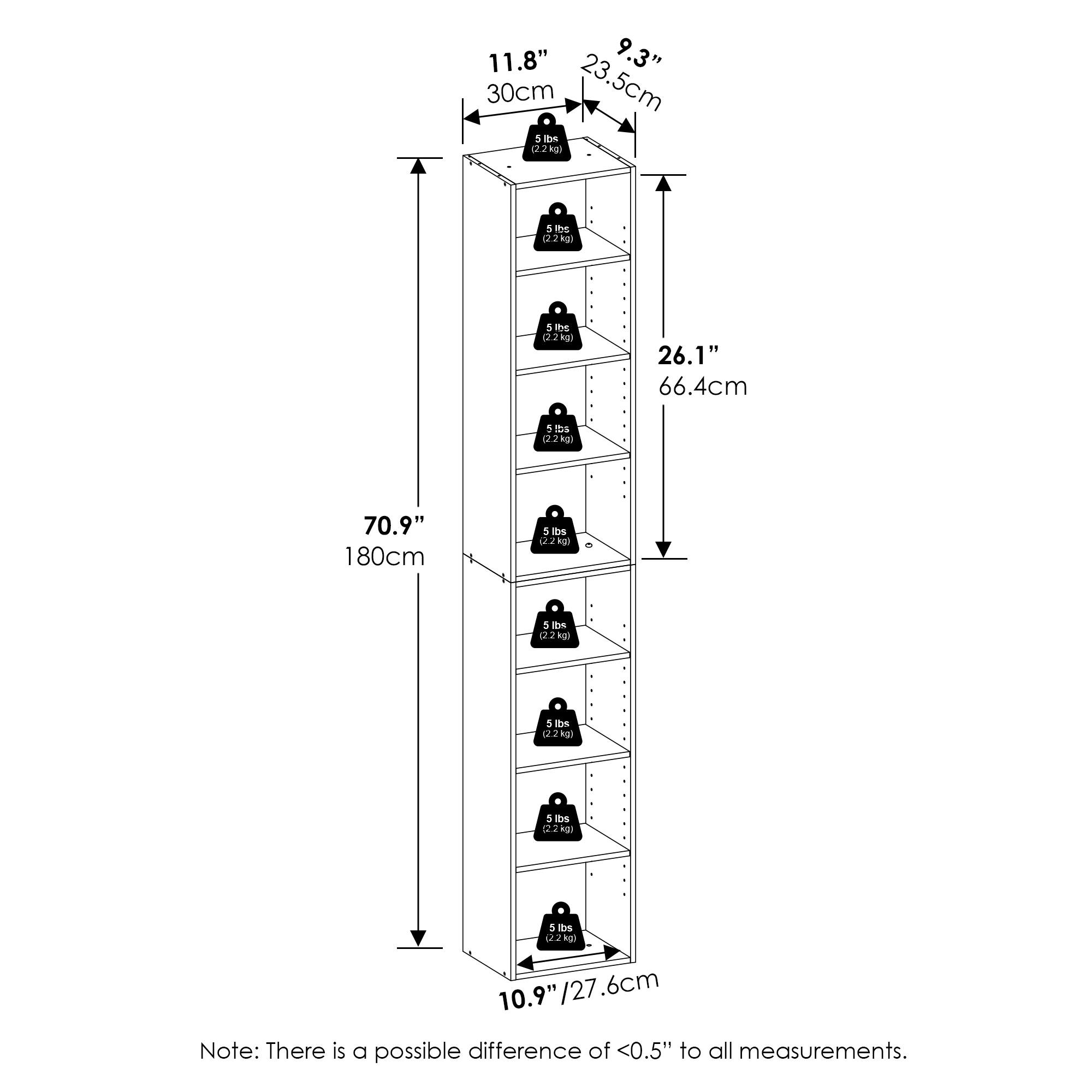 11.8" 9.3" 30cm 23.5cm 5 Ite 2k 5 BH 27k 5 iH 222k 26.1" 66.4cm 1 Is (22kg) 2 70.9" 180cm 5 DS  22kg S De 022kg) 2 5 IEs (2.2k) 5 De 122 al Note: There is a possible difference of <0.5" to all measurements.