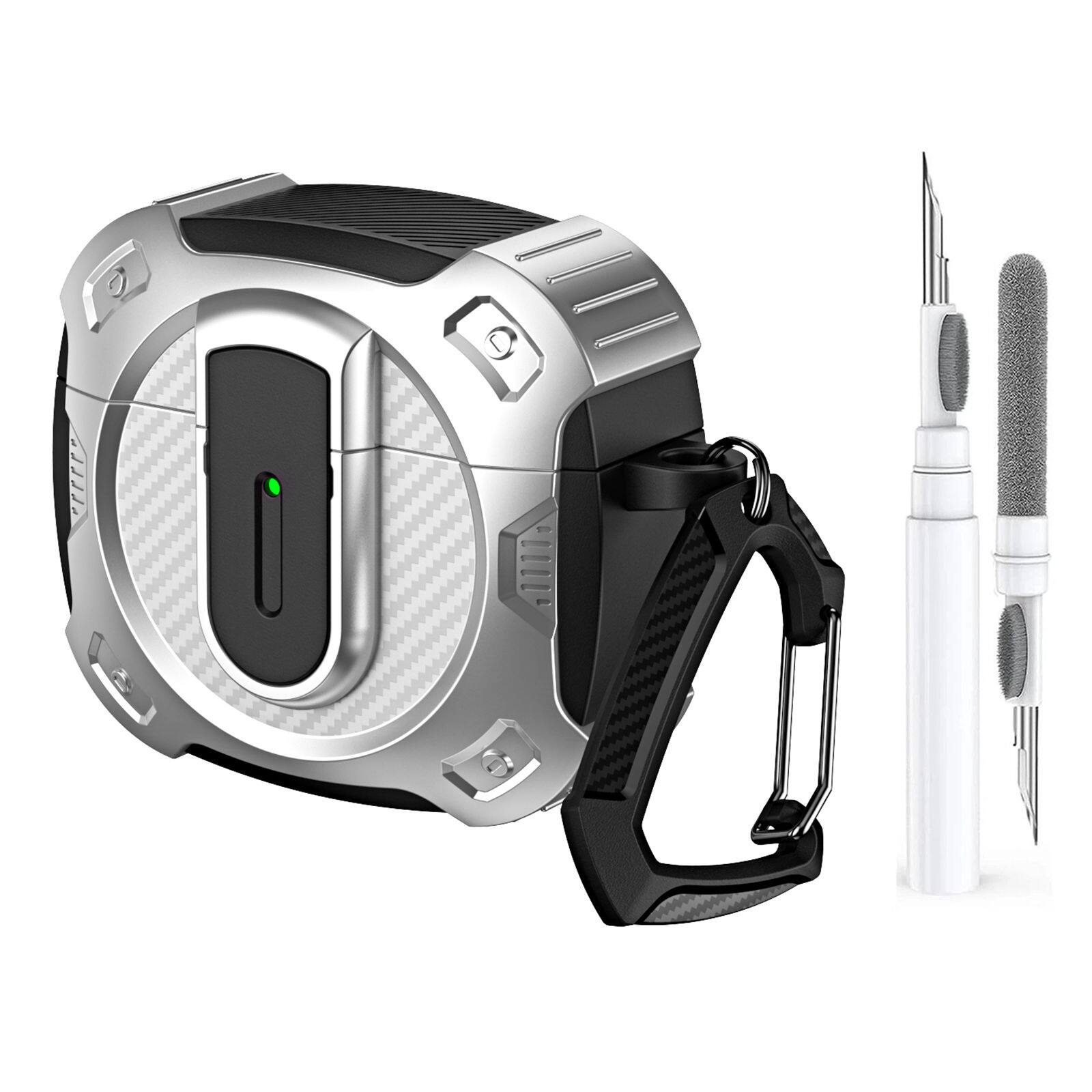 Dteck - For Airpods 4th Gen (2024) Case with Buckle, Rugged Security Lock Wireless Charging Shockproof Cover+Cleaner kit - Silver