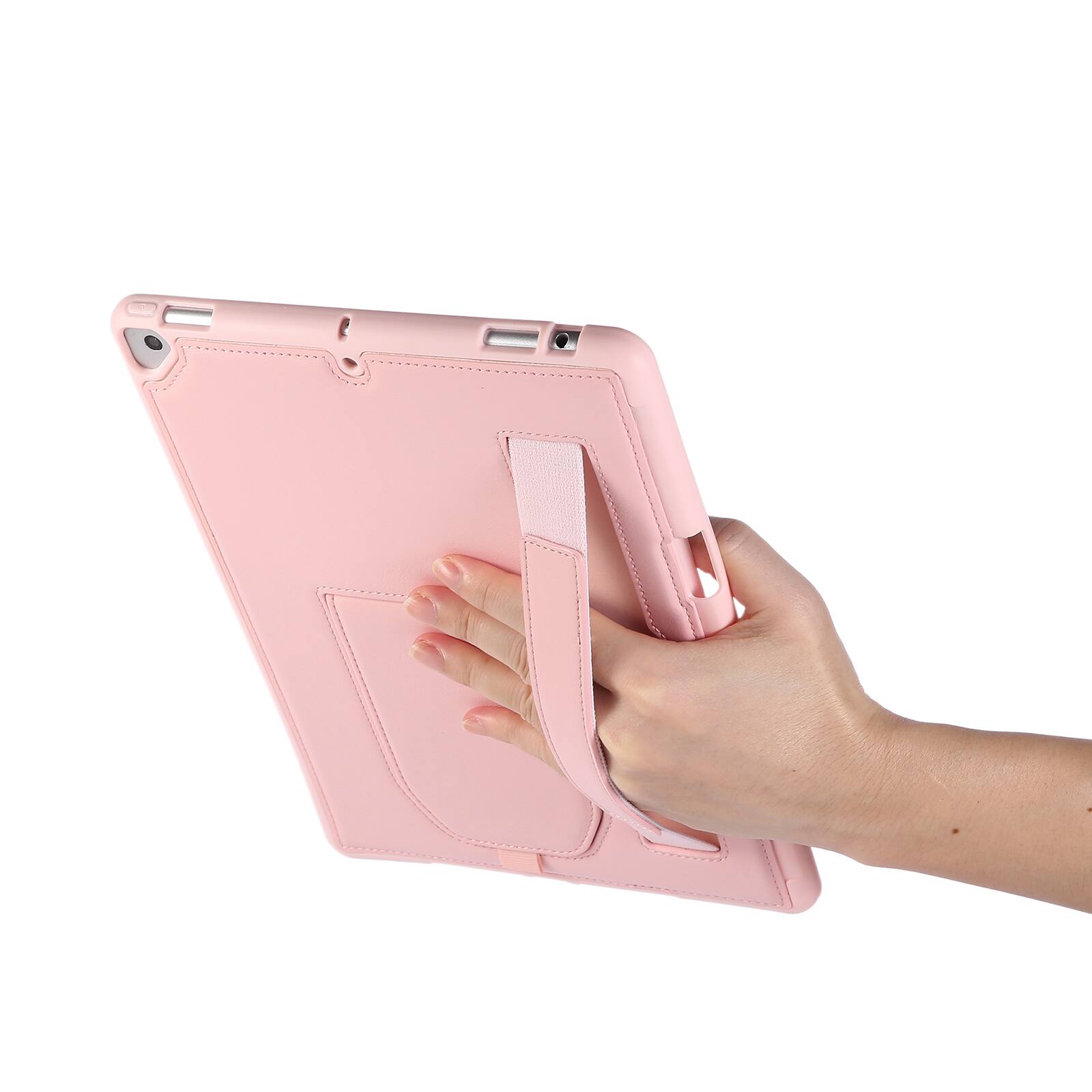 Left. Dteck - Shockproof Case for Apple iPad (9th Generation) 10.2" 2021 with Hand Strap Kickstand, PU Leather TPU Protective Cover - Pink.