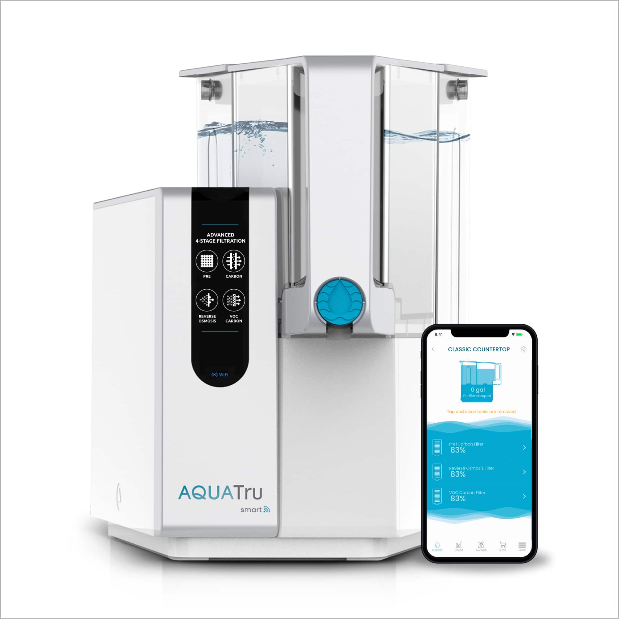 AquaTru - Classic Smart Countertop Water Purifier Reverse Osmosis with App No Plumbing or Installation Required BPA Free - White