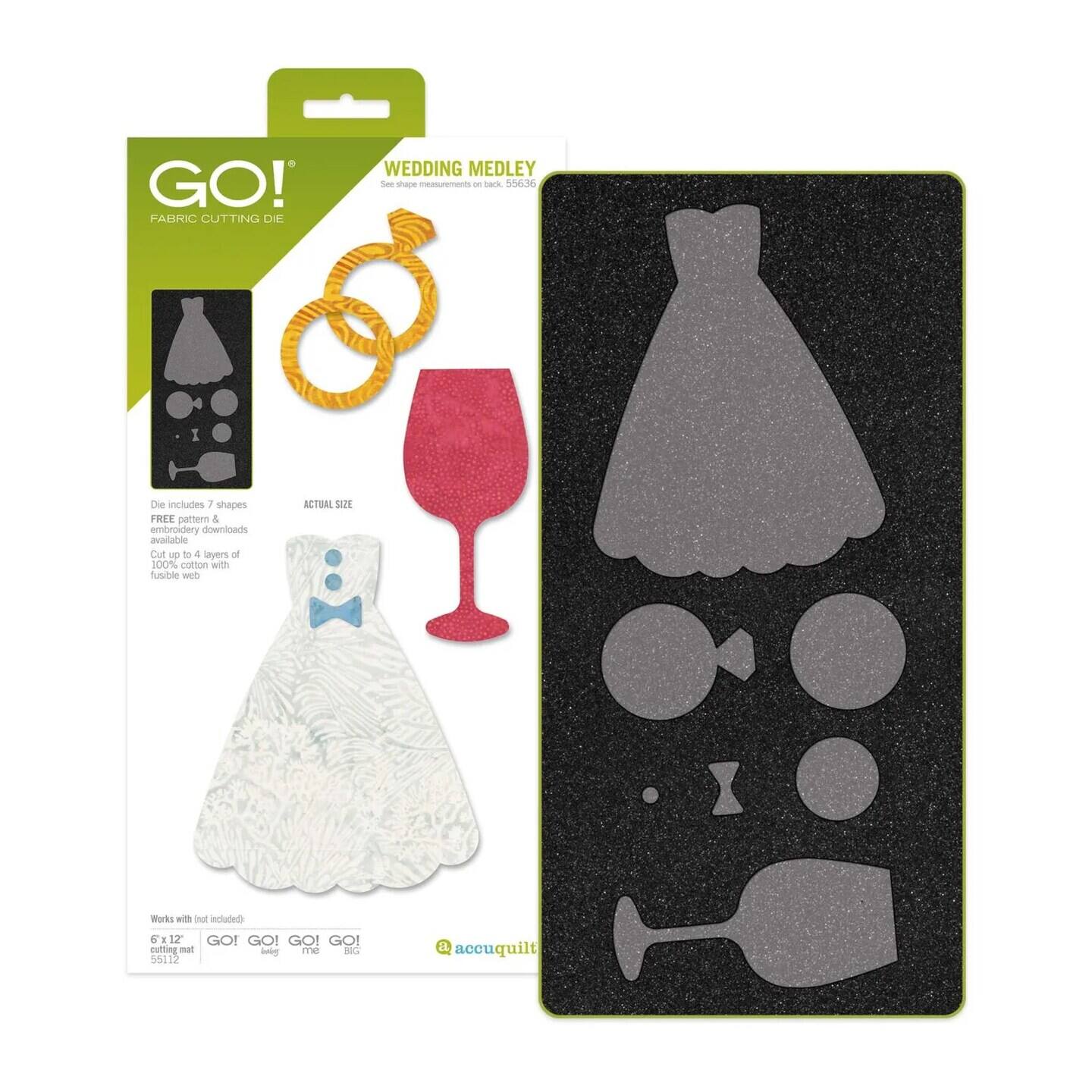 GO! FABRIC CUTTING DIE WEDDING MEDLEY Set includes 7 shapes FREE pattern & embroidery downloads available Cut up to 4 layers of 100% cotton with fusible web ACTUAL SIZE Works with (not included): GO! GO! GO! GO! GO! GO! cumting mat 55112 accuquilt