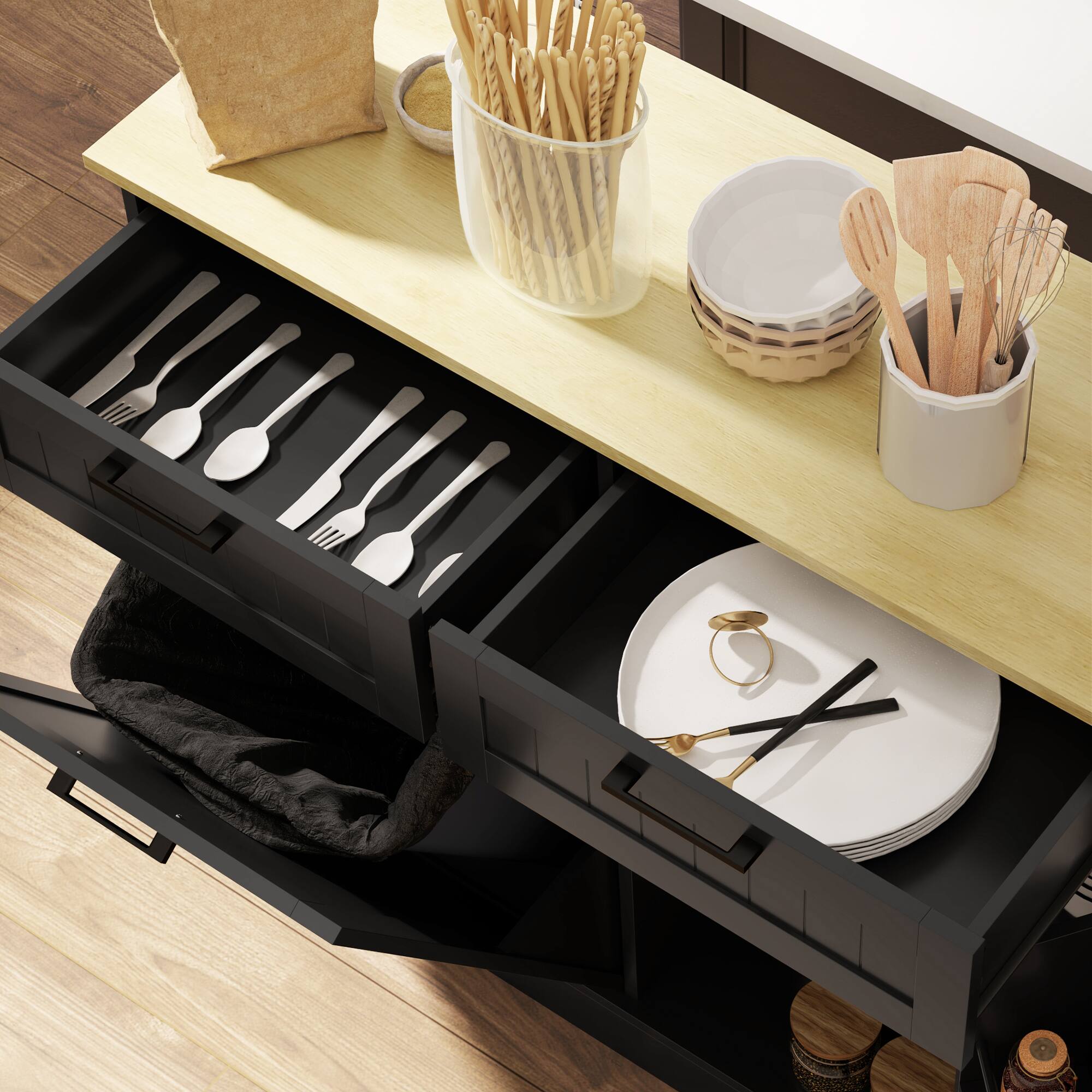 Alt View 8. Homcom - Gallon Farmhouse Kitchen Cabinet with Hidden Trash Can and 2 Drawers - Black.