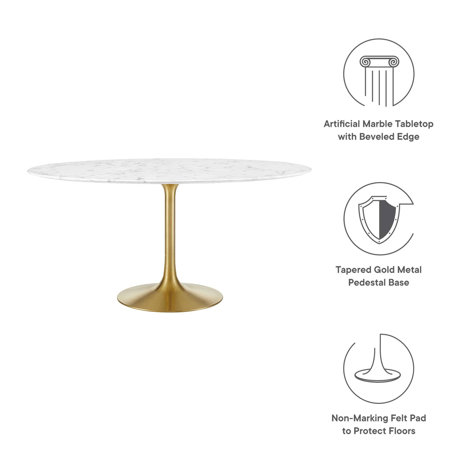 Artificial Marble Tabletop with Beveled Edge  
Tapered Gold Metal Pedestal Base  
Non-Marking Felt Pad to Protect Floors