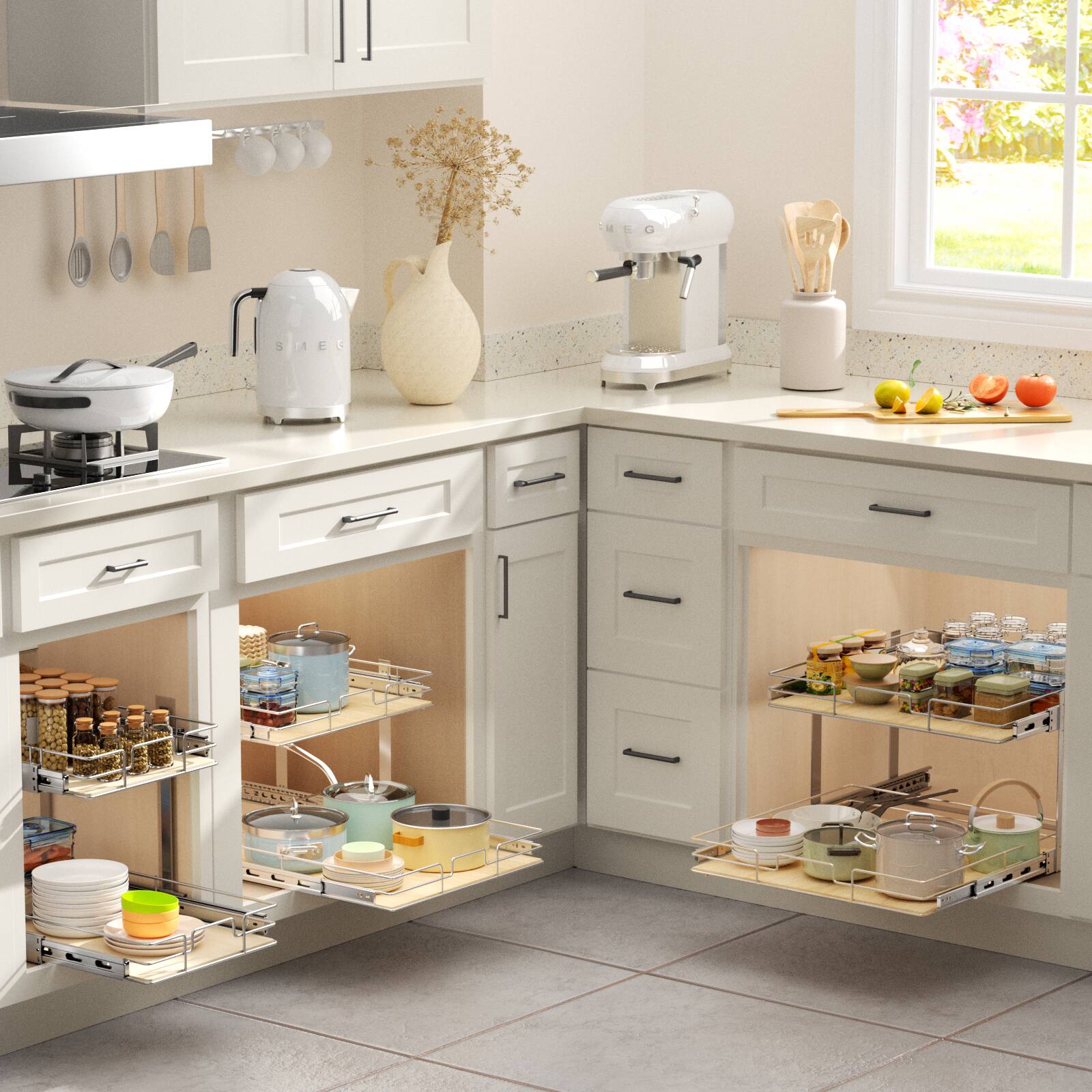 Alt View 3. LOVMOR - 2 Tier Individual Pull Out Cabinet Organizer 19½inW x 21½inD Slide Out Wood Shelves Organizers Pull Out Drawers - Silver.