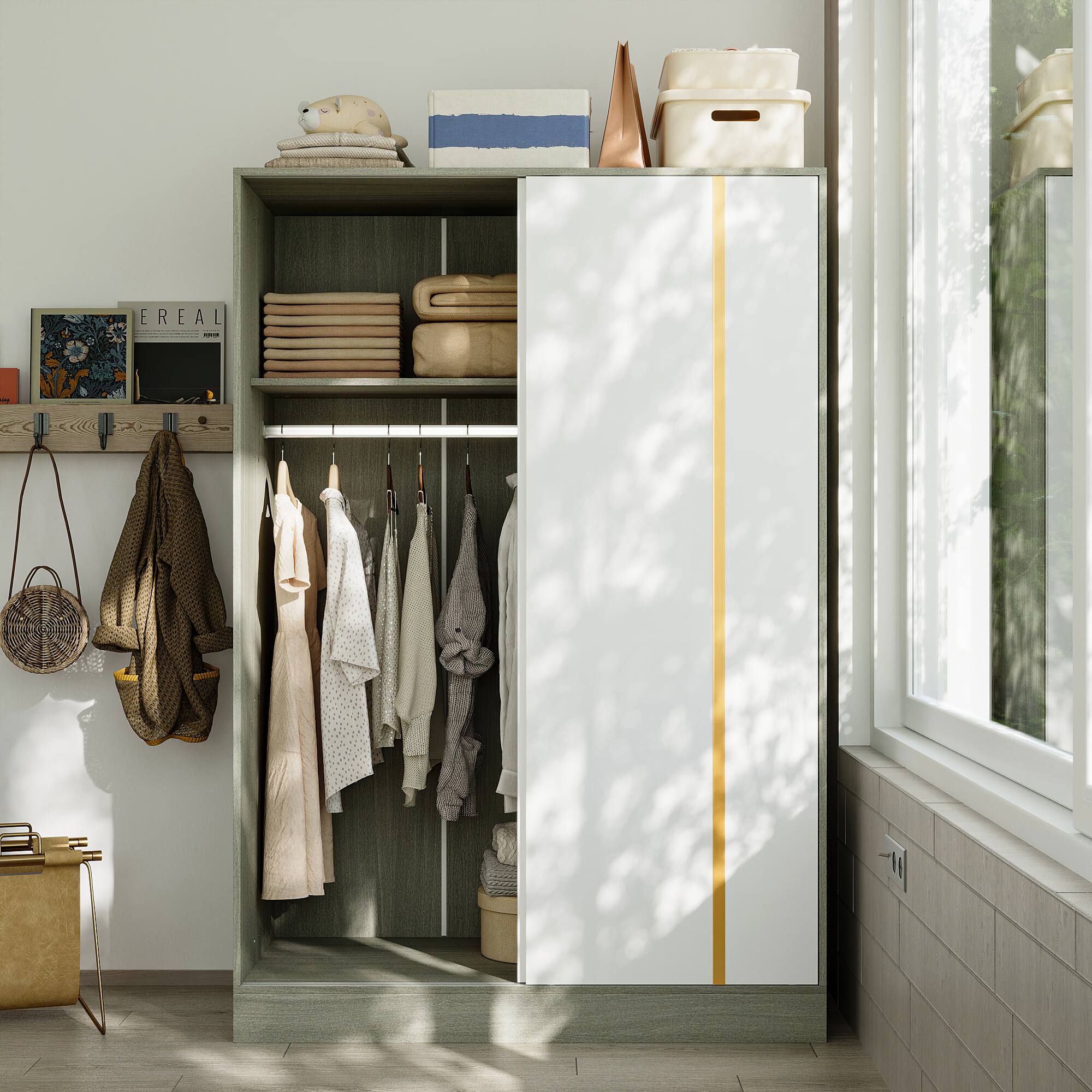Alt View 2. Famapy - Famapy Sliding Door Armoires Modern Wood Closet Organizer with Adjustable Storage Wardrobe - White & Gray.