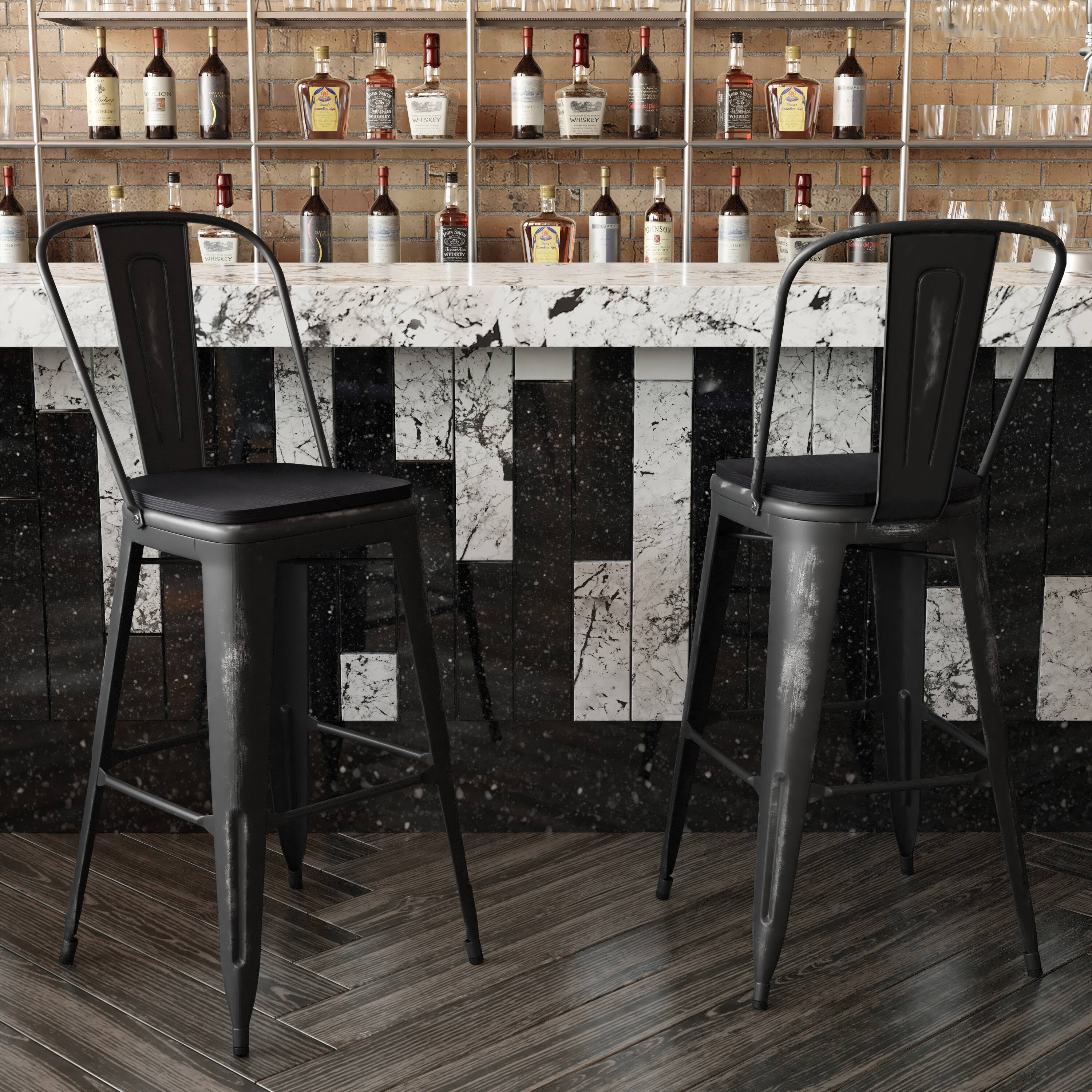Alt View 3. Emma + Oliver - Nova Distressed Metal Stools with Backs and Polystyrene Seats for Indoor/Outdoor Use - Black Seat/Black Frame.