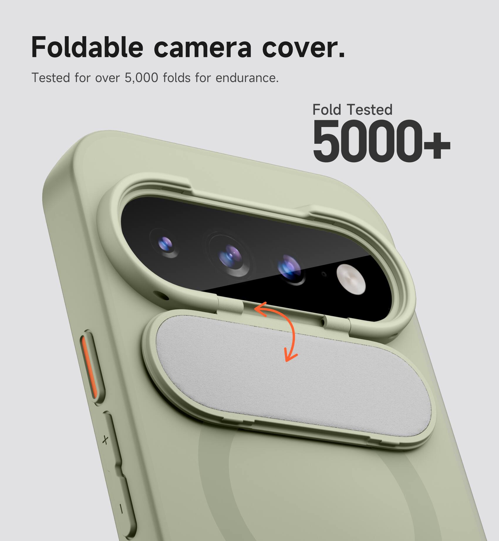 Foldable camera cover.  
Tested for over 5,000 folds for endurance.  
Fold Tested 5000+