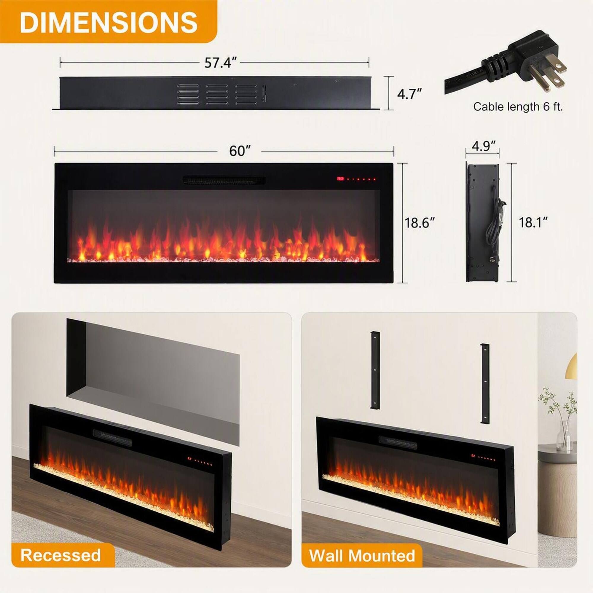 DIMENSIONS

- 57.4"
- 4.7"
- 60"
- 4.9"
- 18.6"
- 18.1"

Cable length 6 ft.

Recessed

Wall Mounted