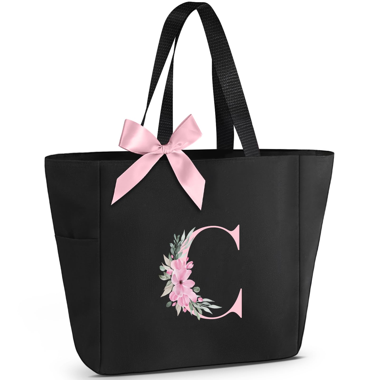 Vulpecula Spade – Tote Bag, A-Z Initial Monogrammed Waterproof Tote Bag, Bridesmaid Gifts for Women, and Pink – Black