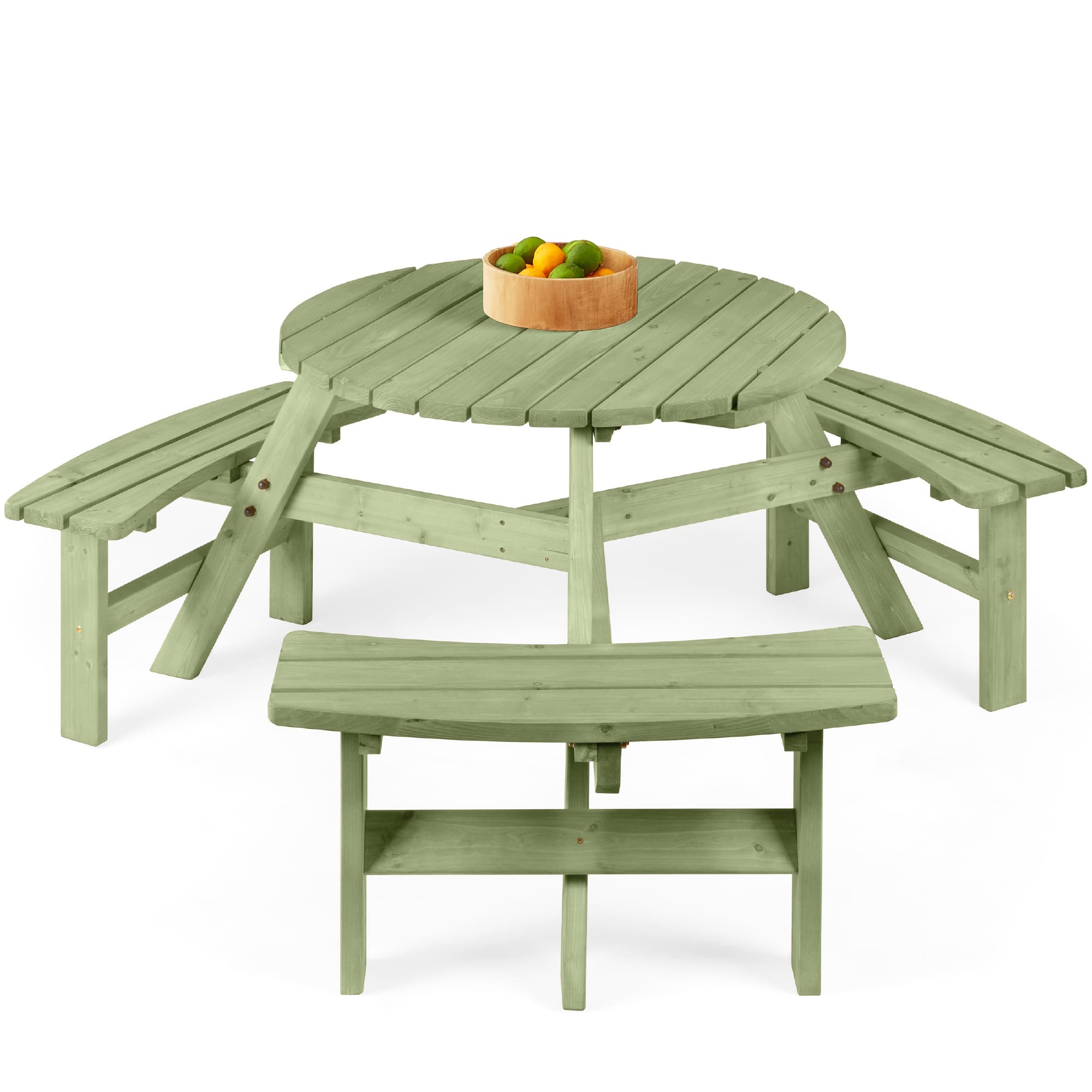 Best Choice Products - 6-Person Circular Outdoor Wooden Picnic Table w/ 3 Built-In Benches, 500lb Capacity - Sage Green